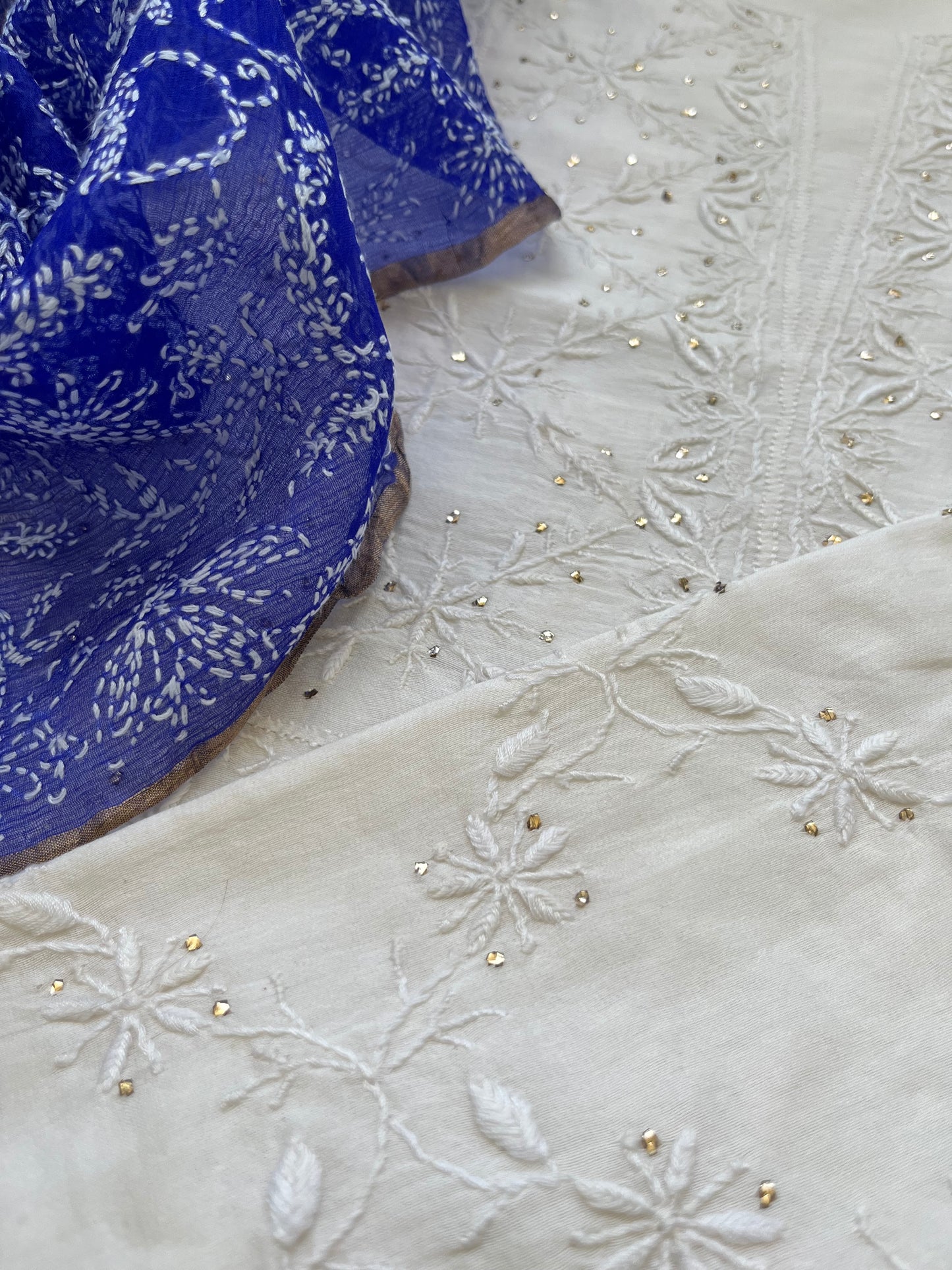 Chanderi Chikankari Kurta organza silk Dupatta