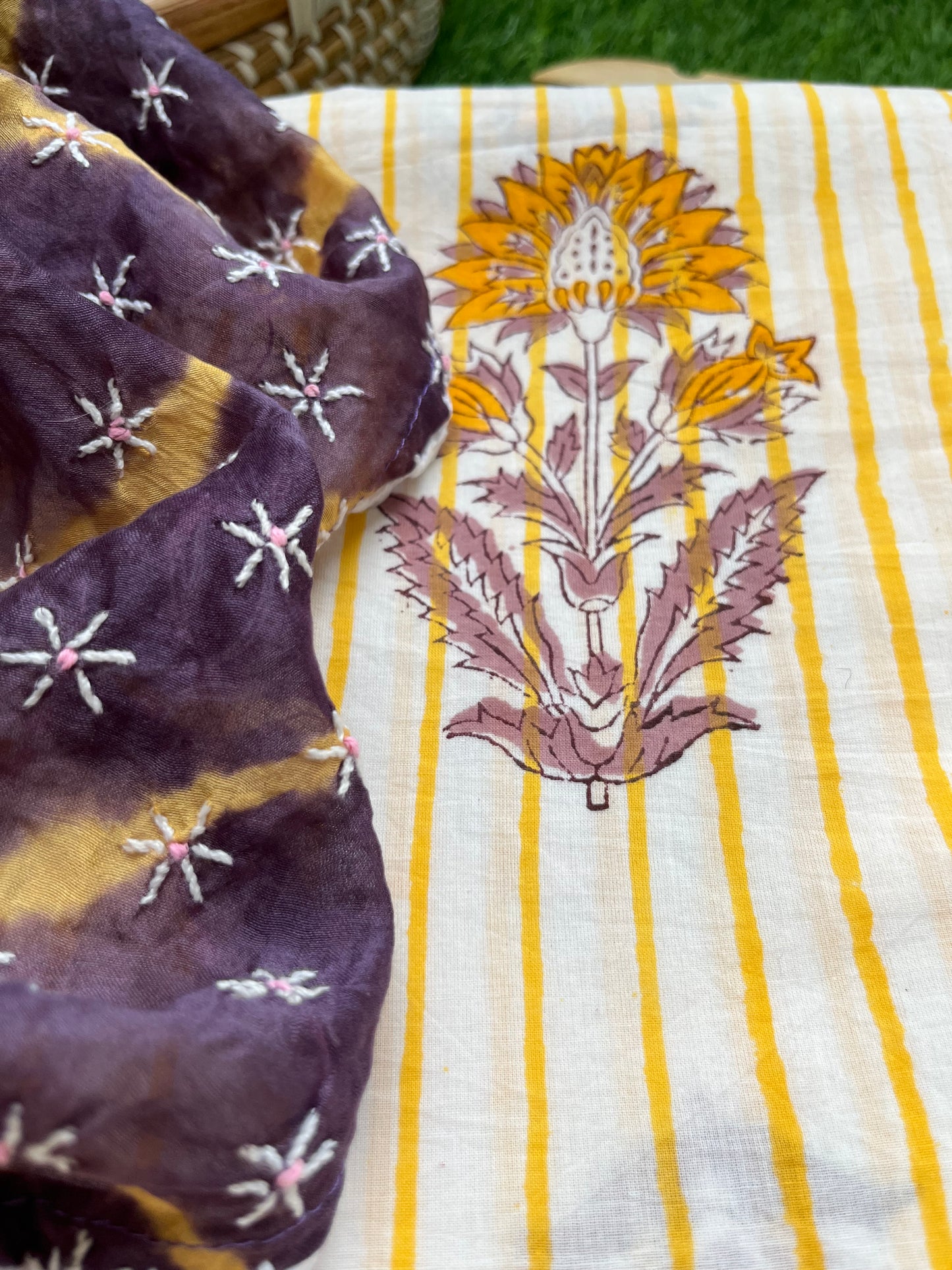 Chanderi Chikankari Dupatta with print kurta bottom Fabric