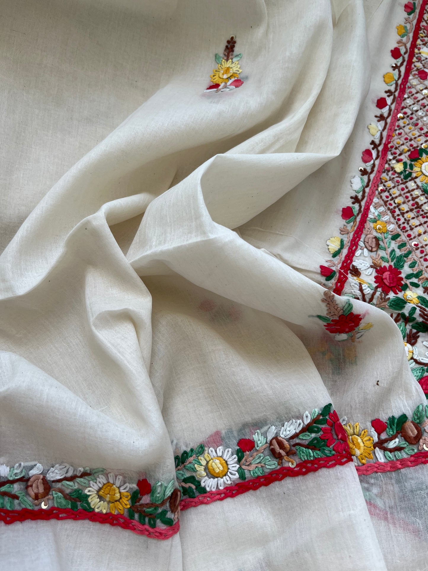 Handwoven Cotton knot work embroidered kurta dupatta and plain bottom fabric