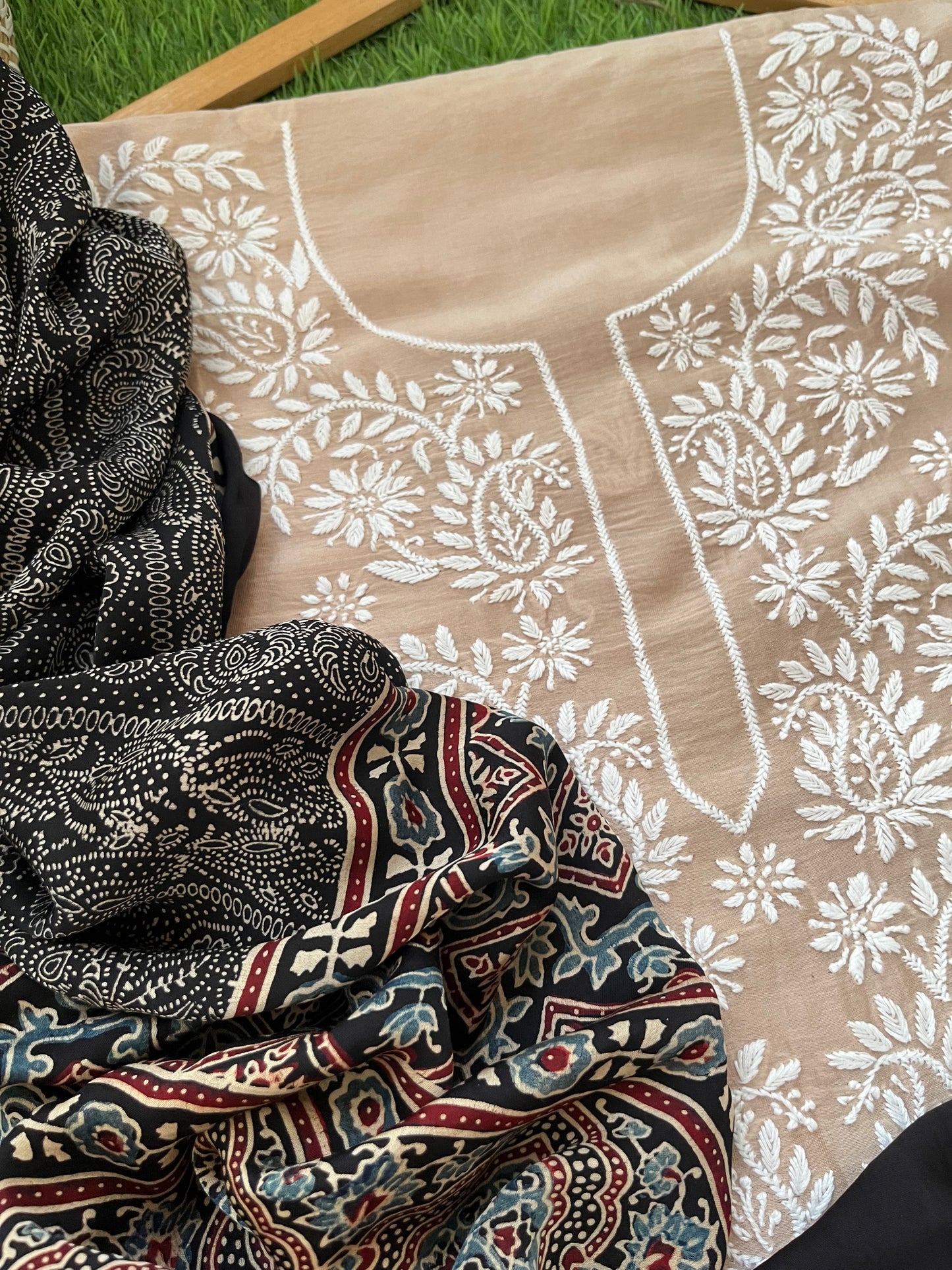 Chanderi Chikankari Kurta ajrakh Dupatta