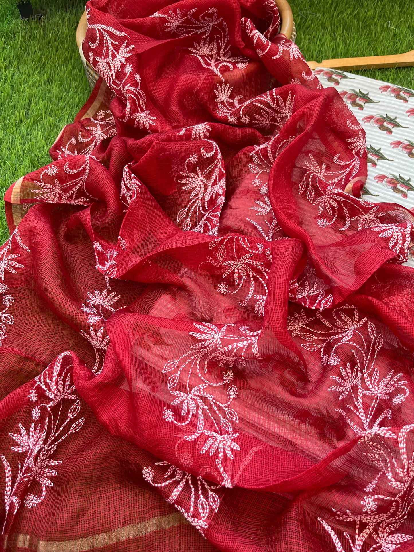 Chikankari kota silk Dupatta and block print kurta bottom Fabric