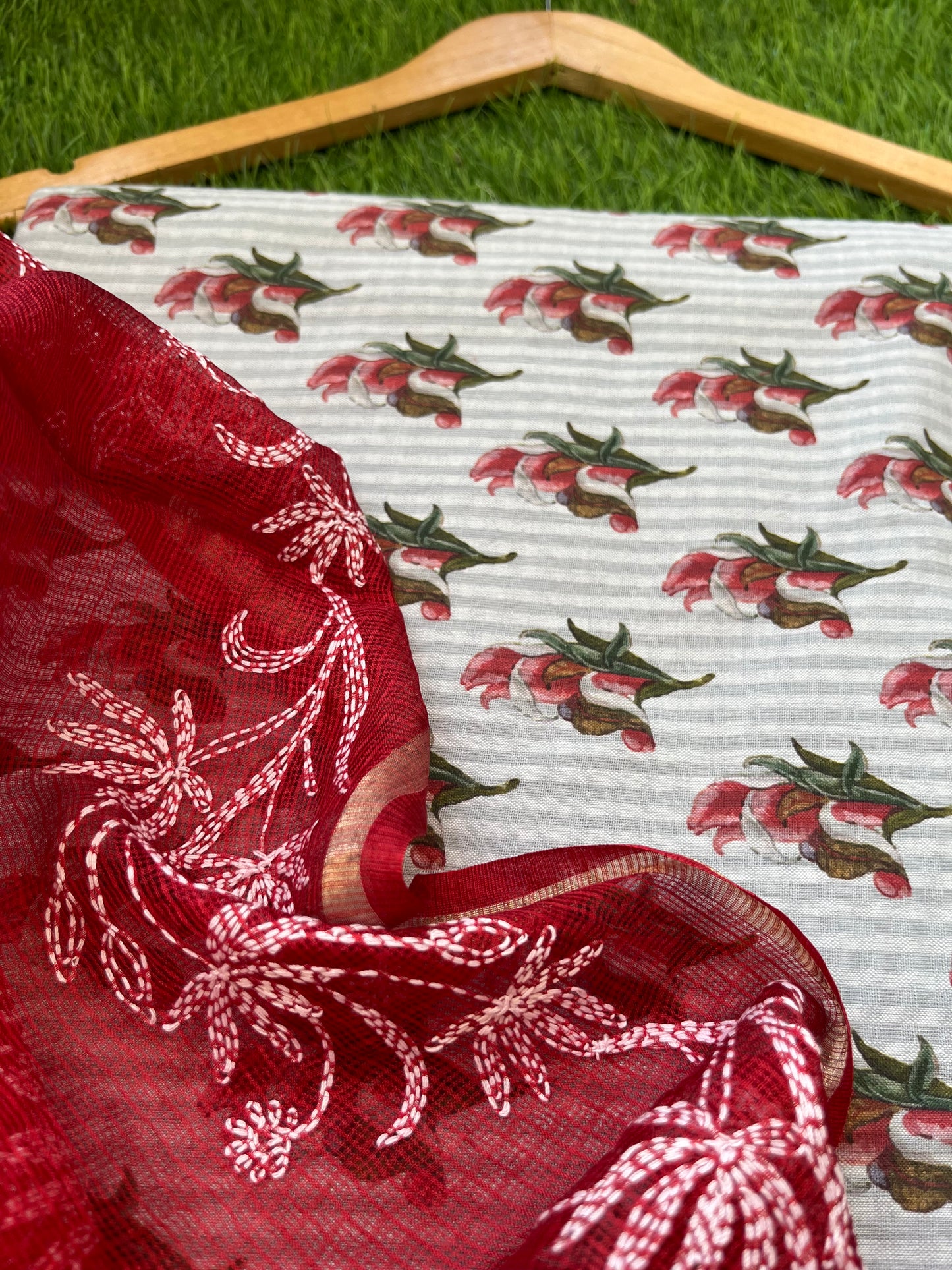 Chikankari kota silk Dupatta and block print kurta bottom Fabric