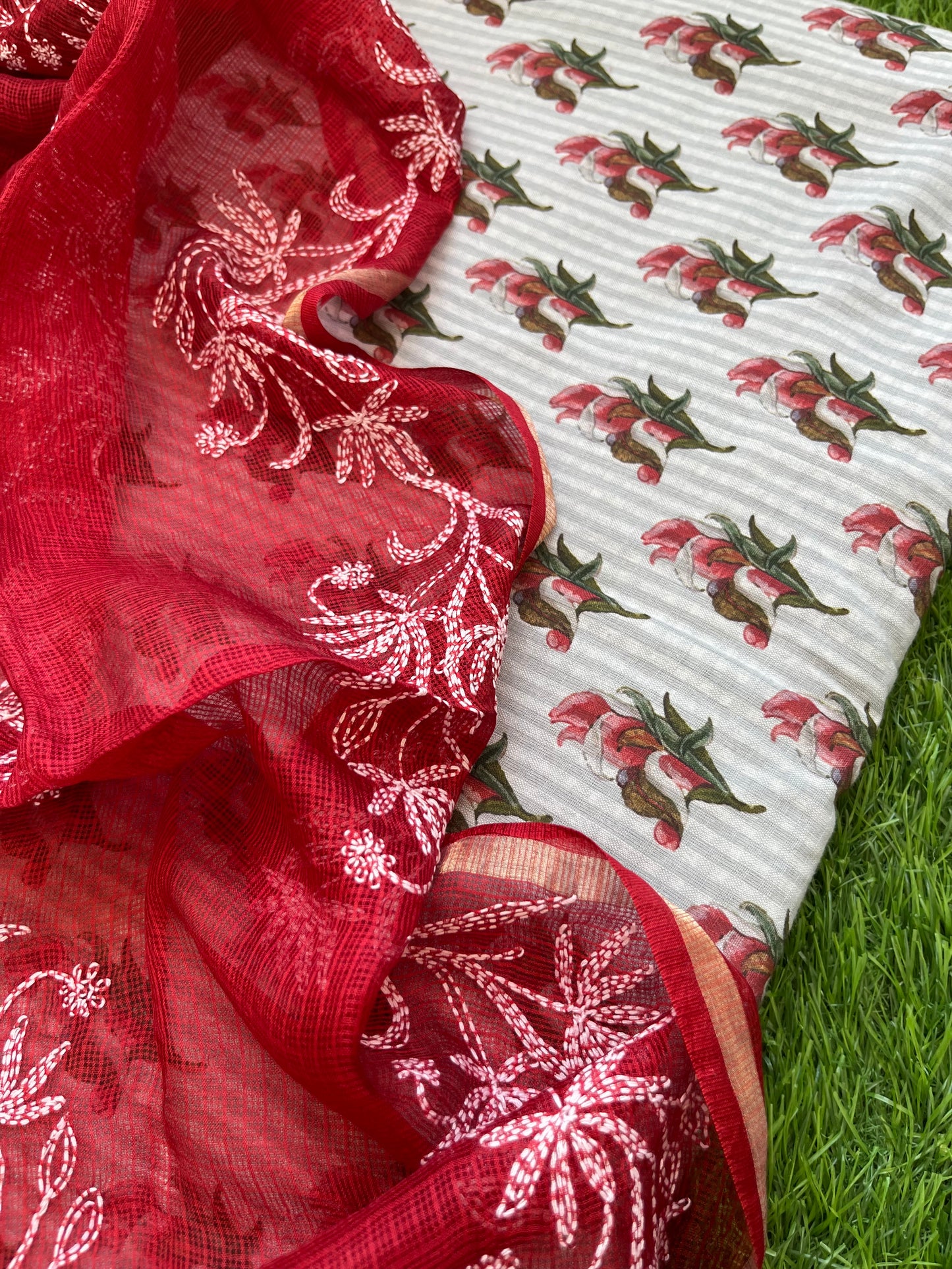 Chikankari kota silk Dupatta and block print kurta bottom Fabric