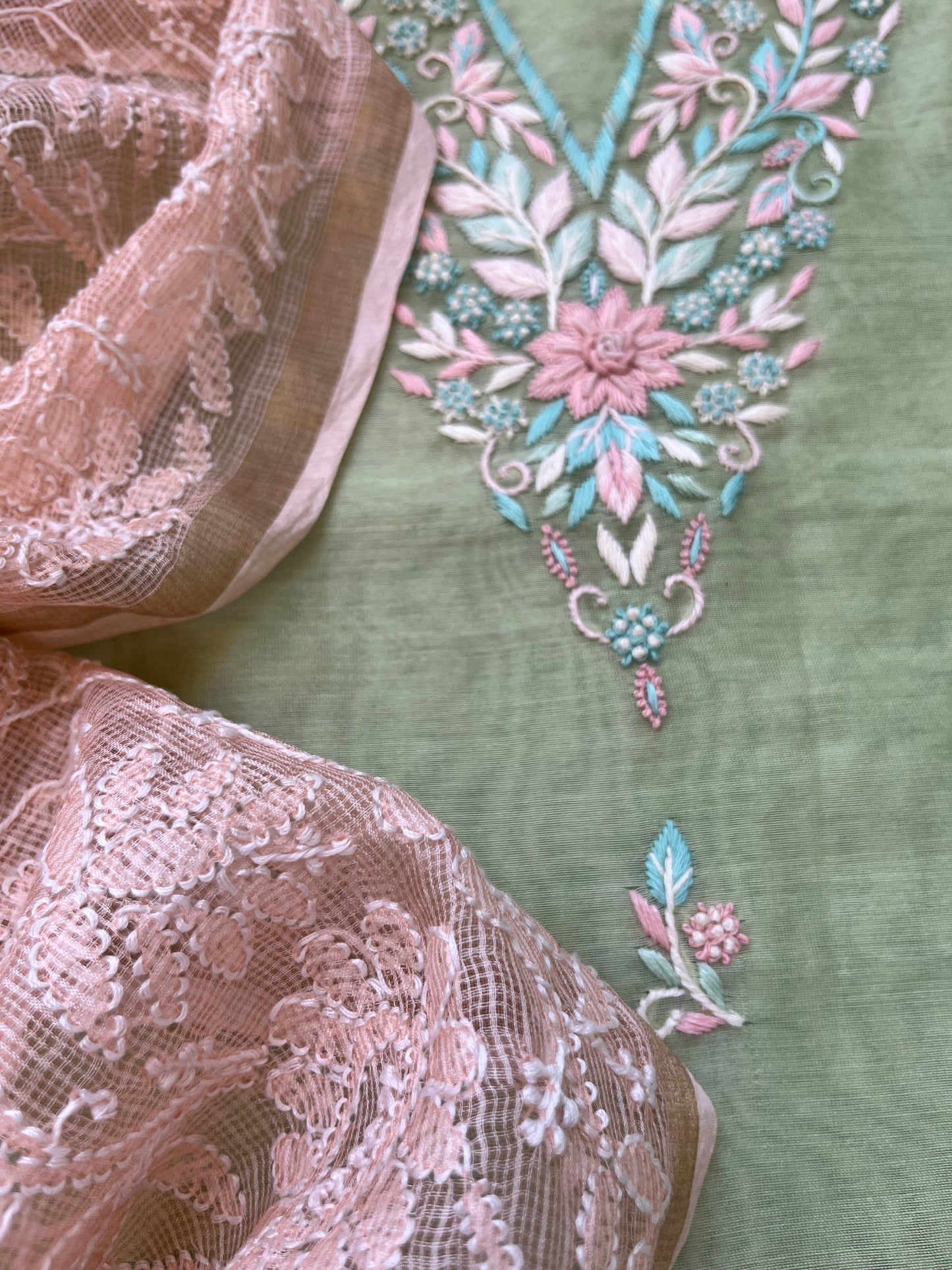 Hand embroidered chanderi kurta kota silk chikan work dupatta