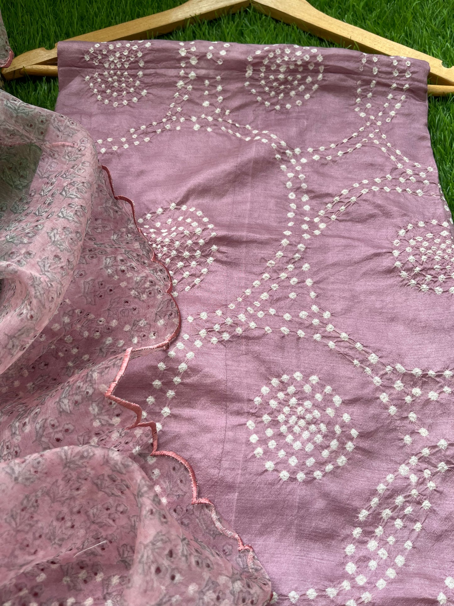 Mulberry Silk bandhani kurta organza block print dupatta