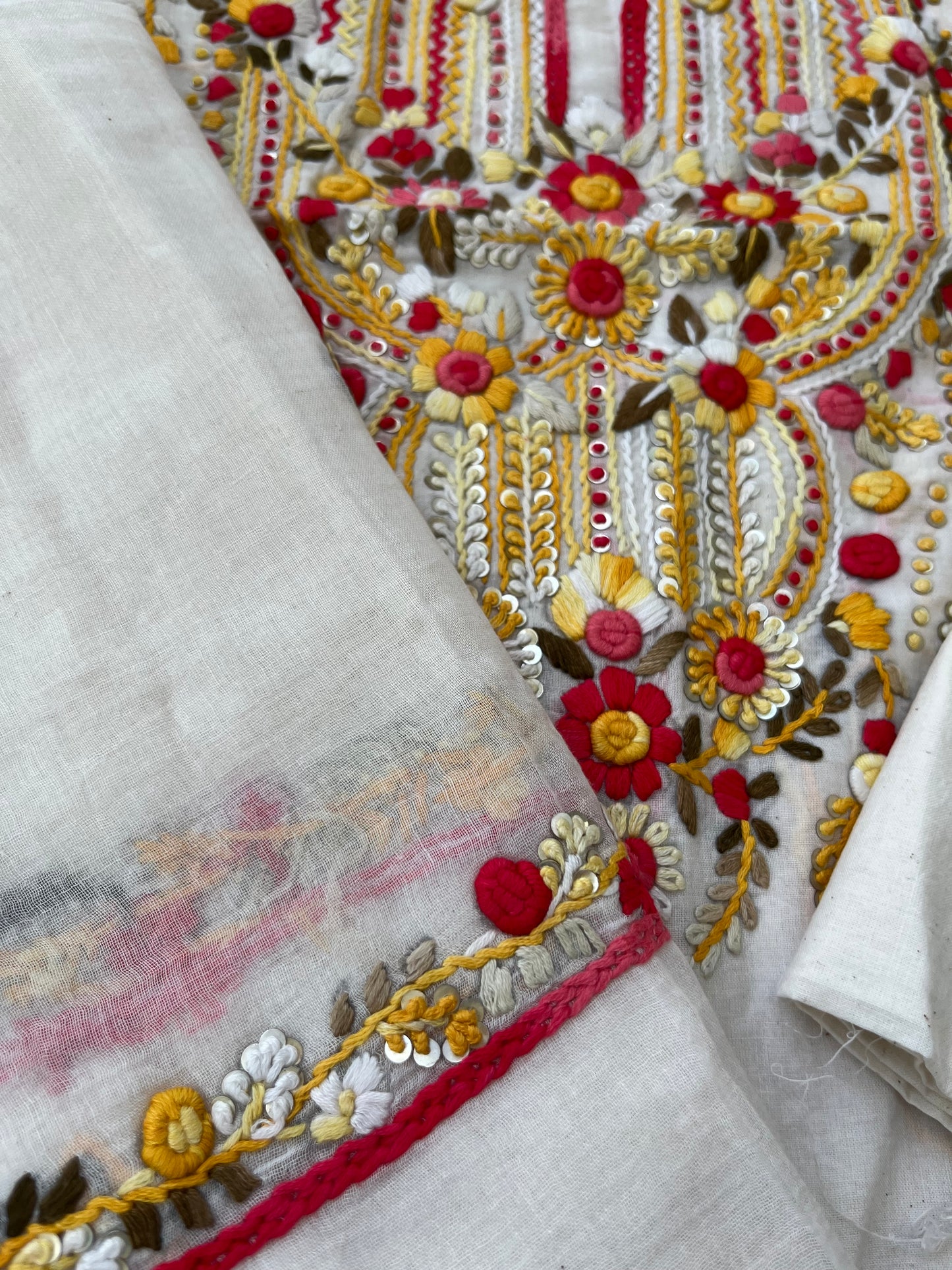 Handwoven Cotton knot work embroidered kurta dupatta and plain bottom fabric