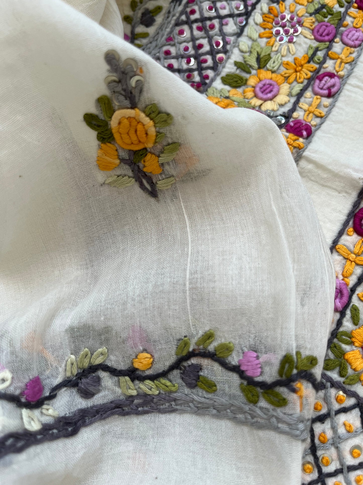 Handwoven Cotton knot work embroidered kurta dupatta and plain bottom fabric