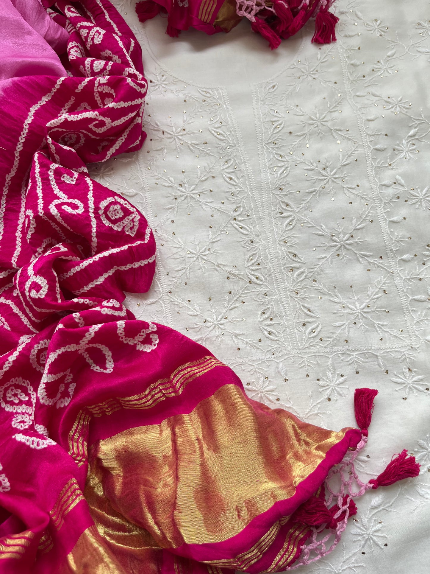 Chanderi Chikankari Kurta gajji silk bandhani Dupatta