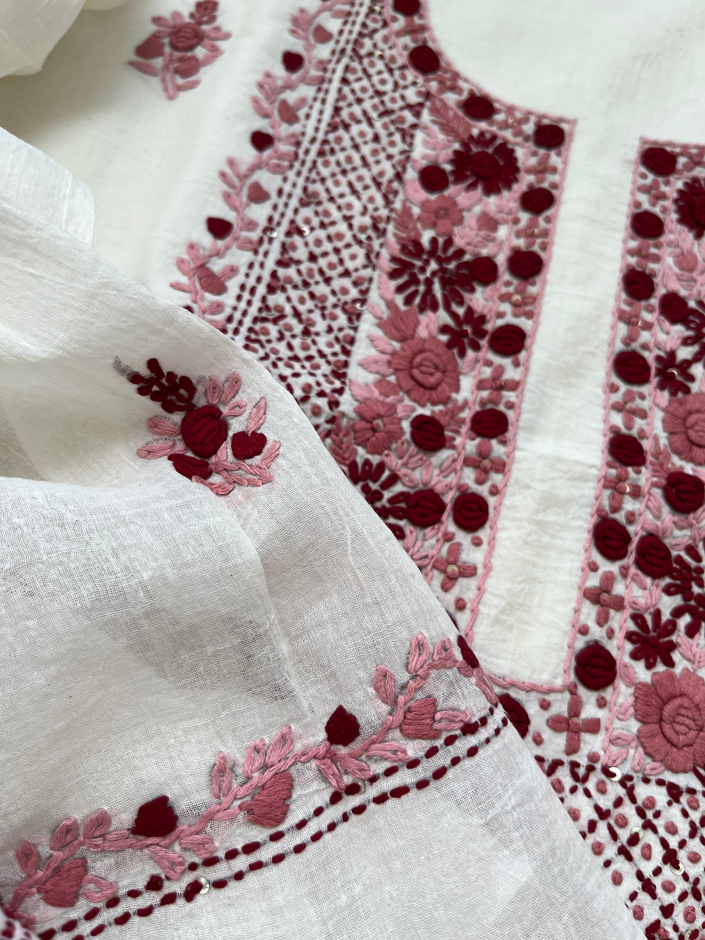 Handwoven Cotton knot work embroidered kurta dupatta and plain bottom fabric