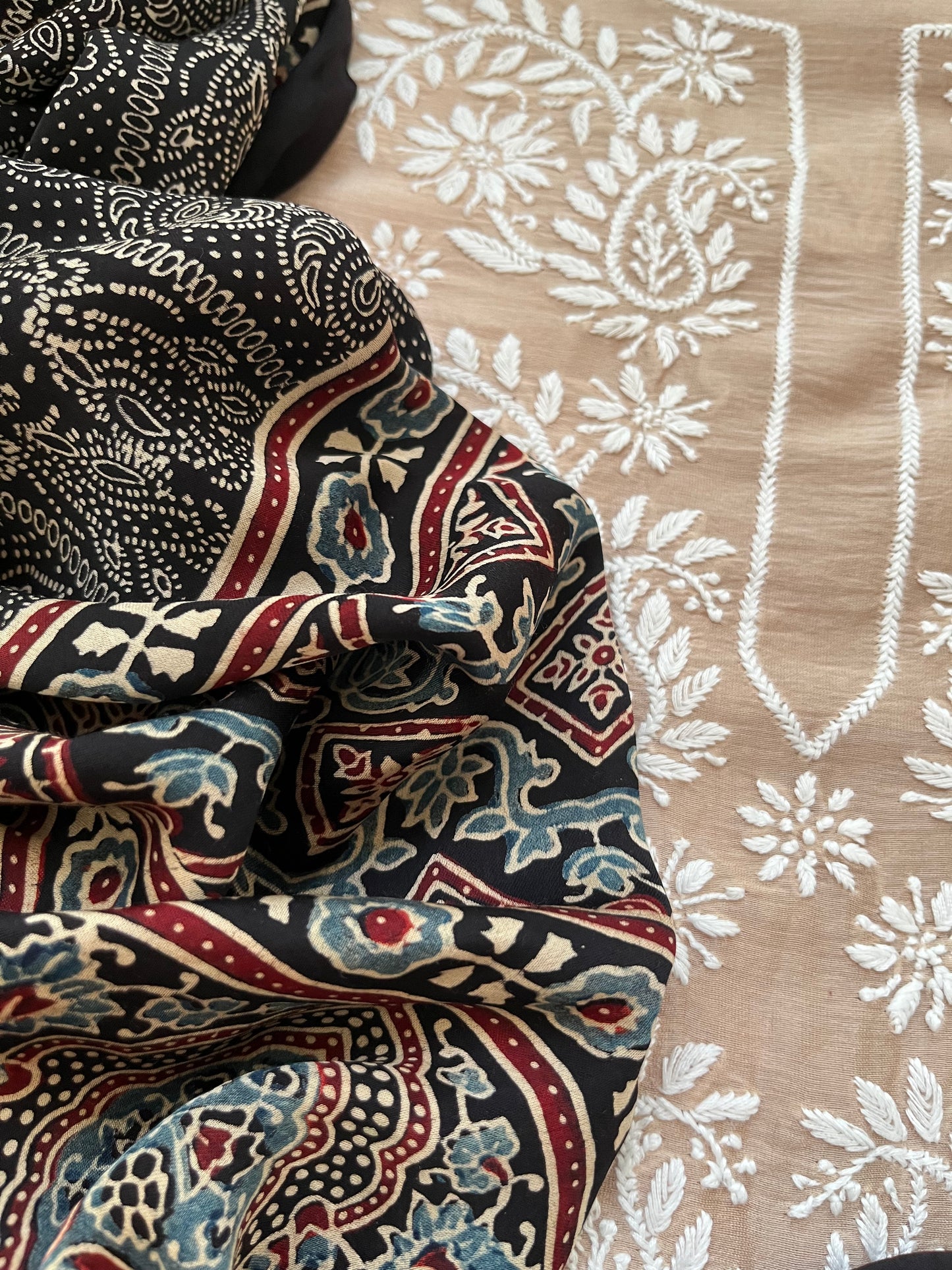 Chanderi Chikankari Kurta ajrakh Dupatta