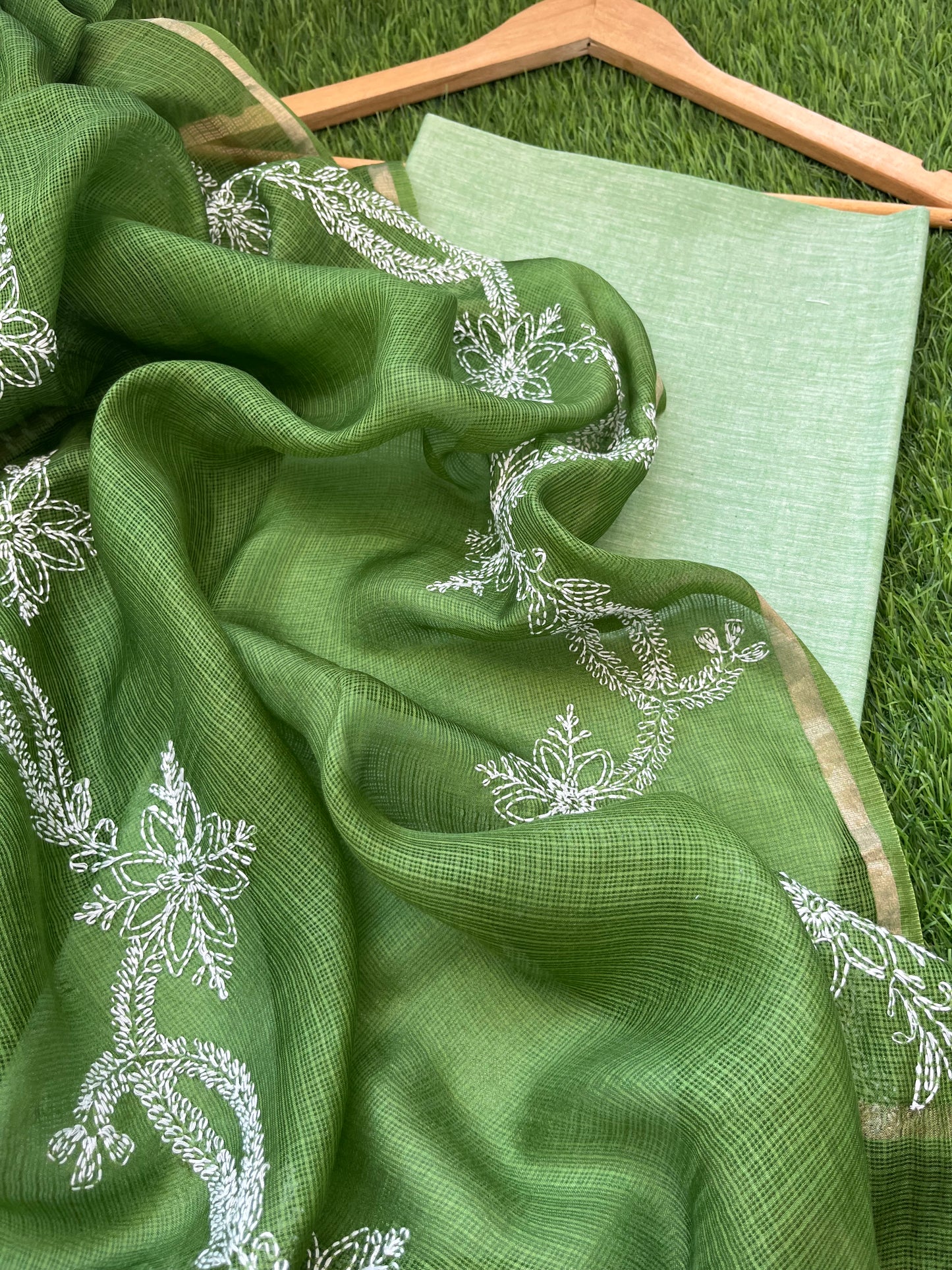 Kota silk Chikankari Dupatta with khadi kurta bottom Fabric