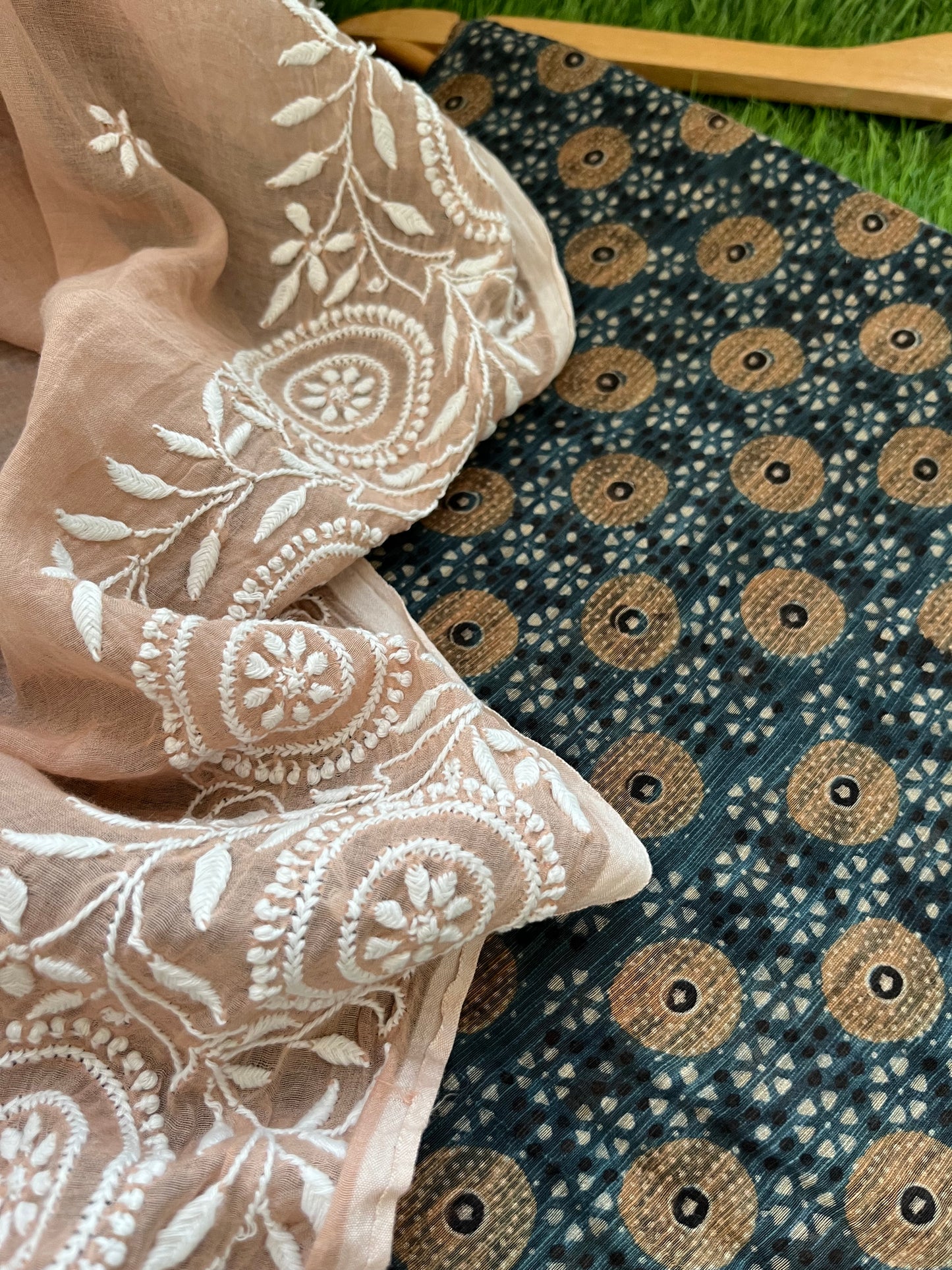 रोज़ाना :Chanderi Chikankari Dupatta with chanderi ajrakh print kurta Fabric