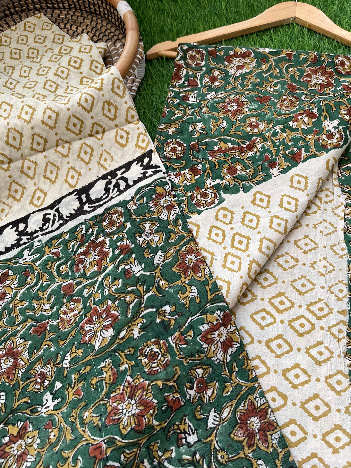 Cotton Kalamkari block print kurta bottom Dupatta