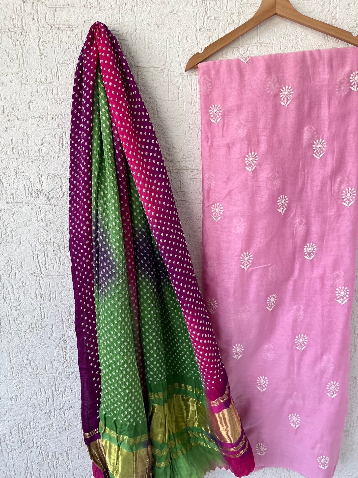 Chanderi Silk chikan kurta bandhani Dupatta