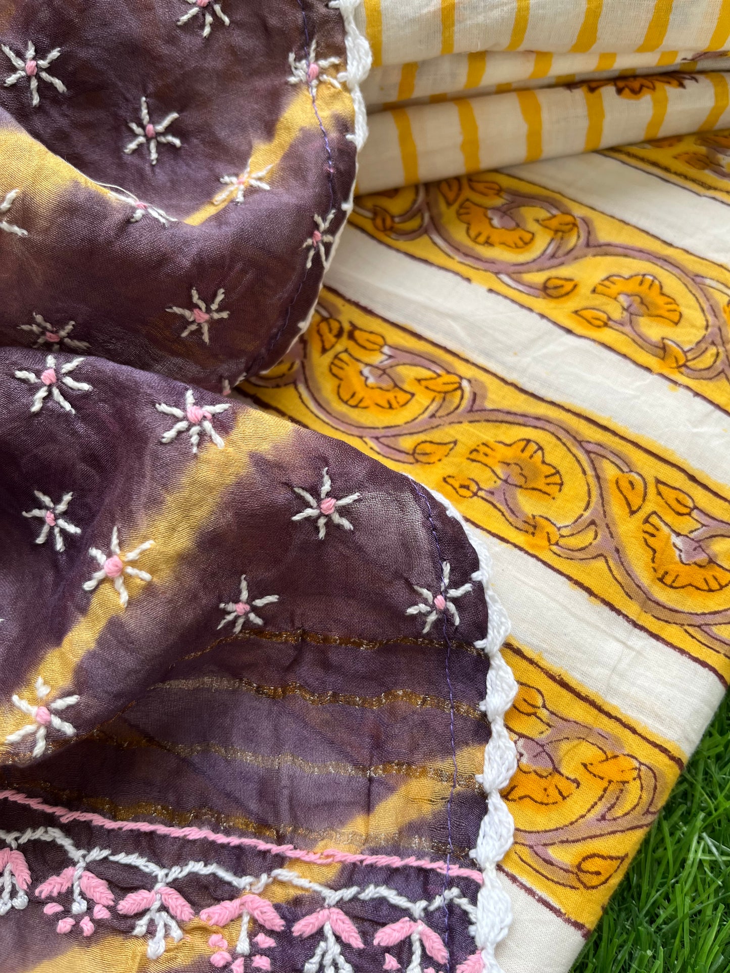 Chanderi Chikankari Dupatta with print kurta bottom Fabric