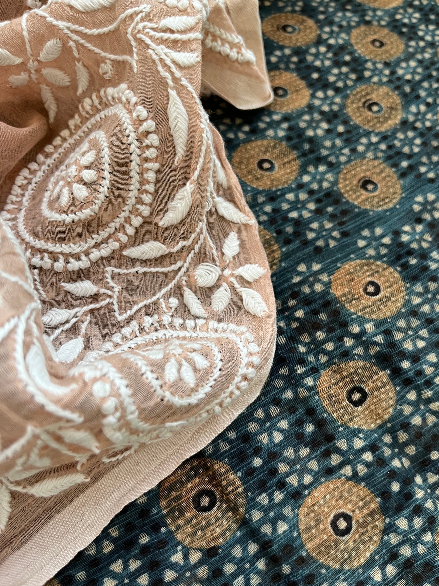 रोज़ाना :Chanderi Chikankari Dupatta with chanderi ajrakh print kurta Fabric