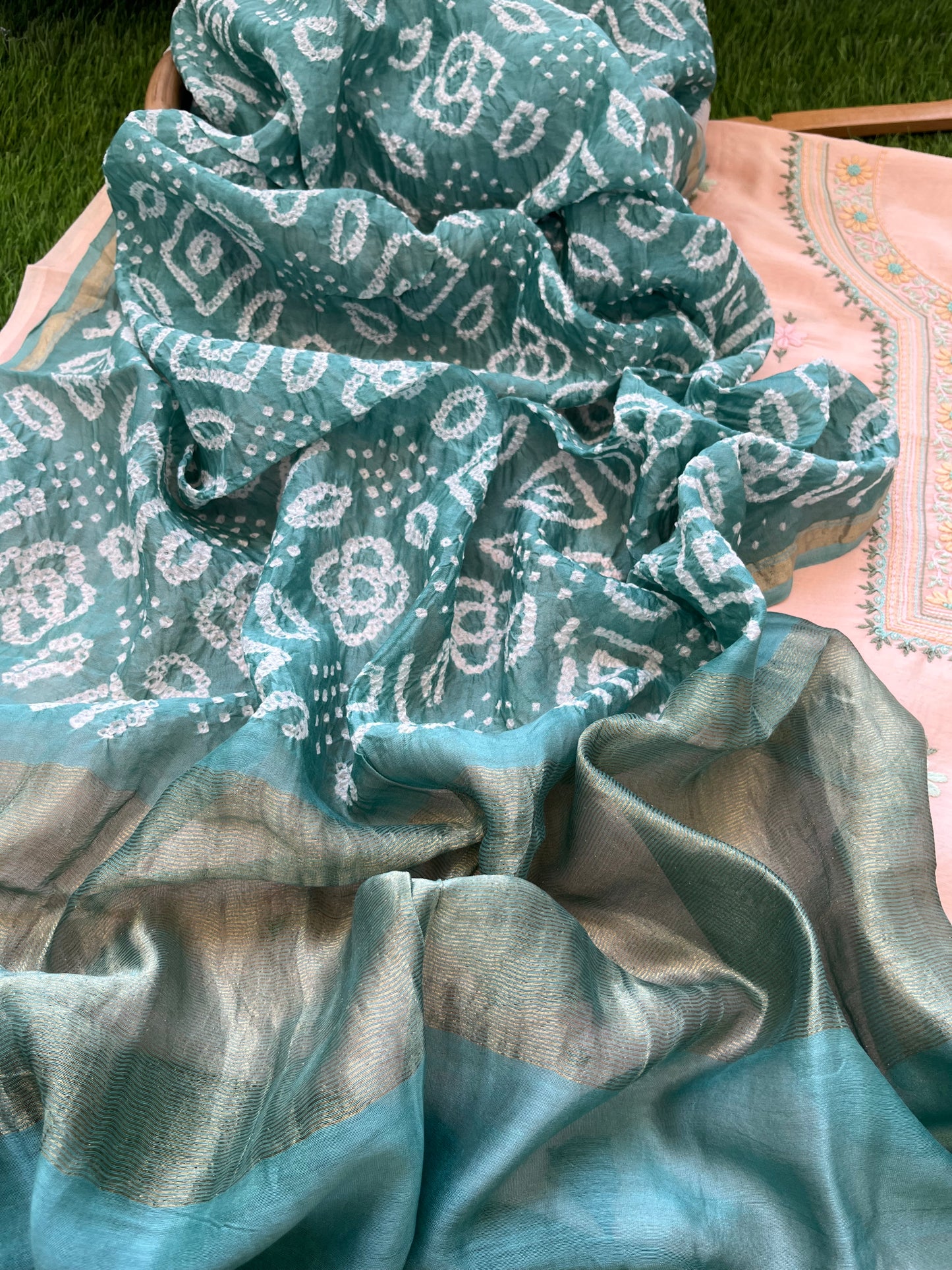 Hand embroidered chanderi kurta bandhani dupatta