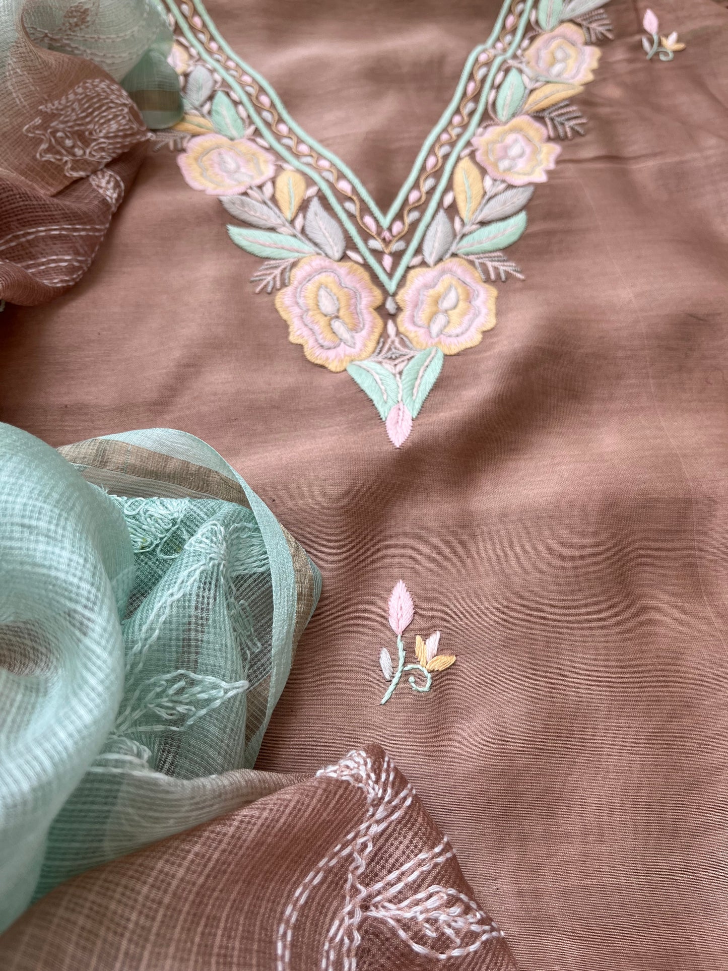 Hand embroidered chanderi kurta kota silk chikan work dupatta