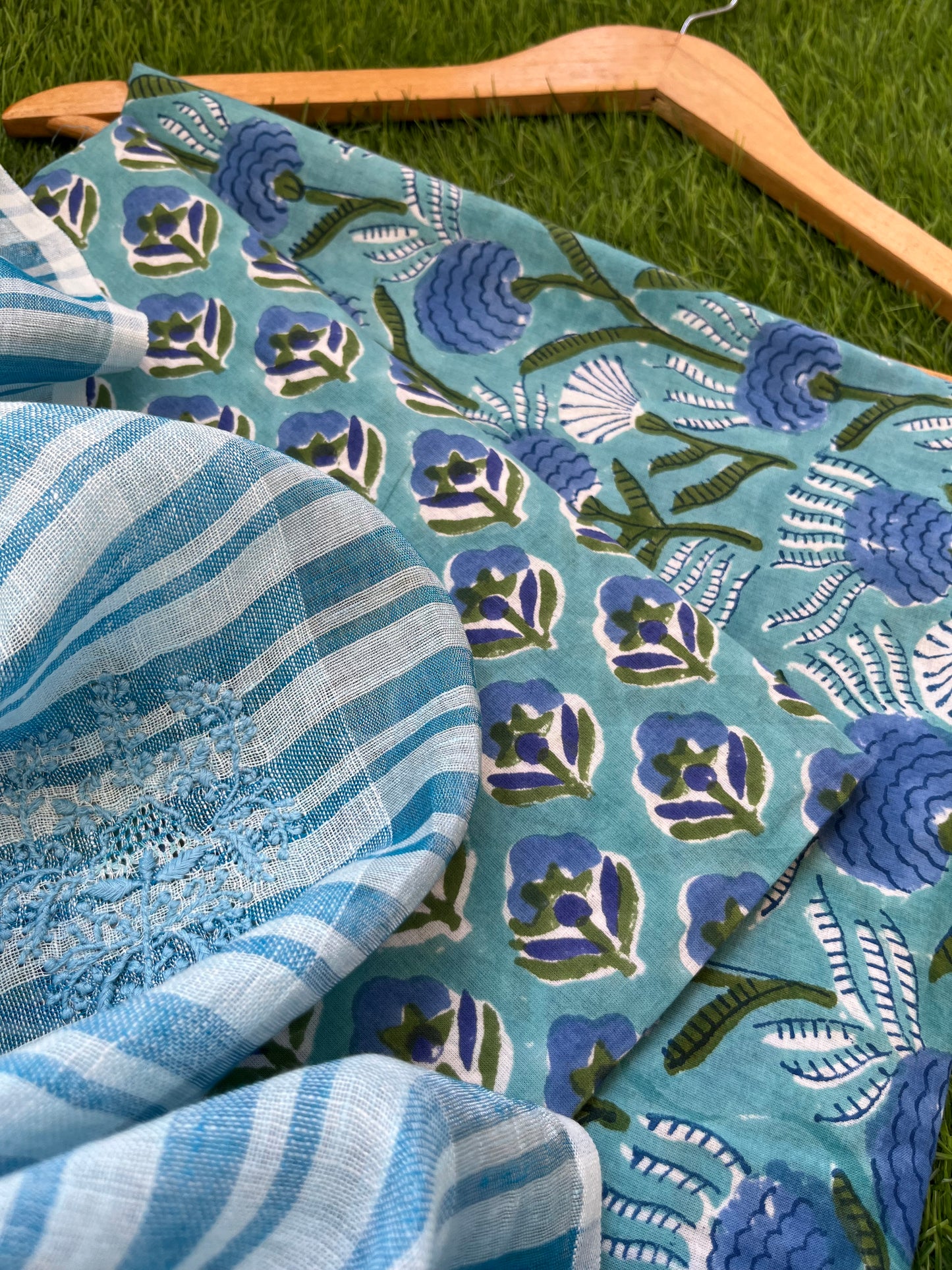 Cotton block print kurta bottom fabric chikan work dupatta