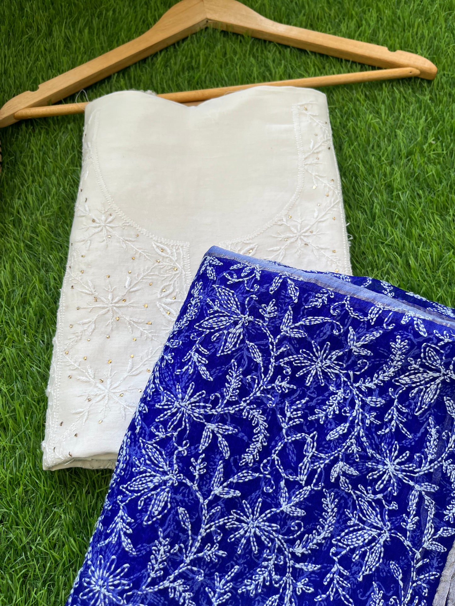 Chanderi Chikankari Kurta organza silk Dupatta
