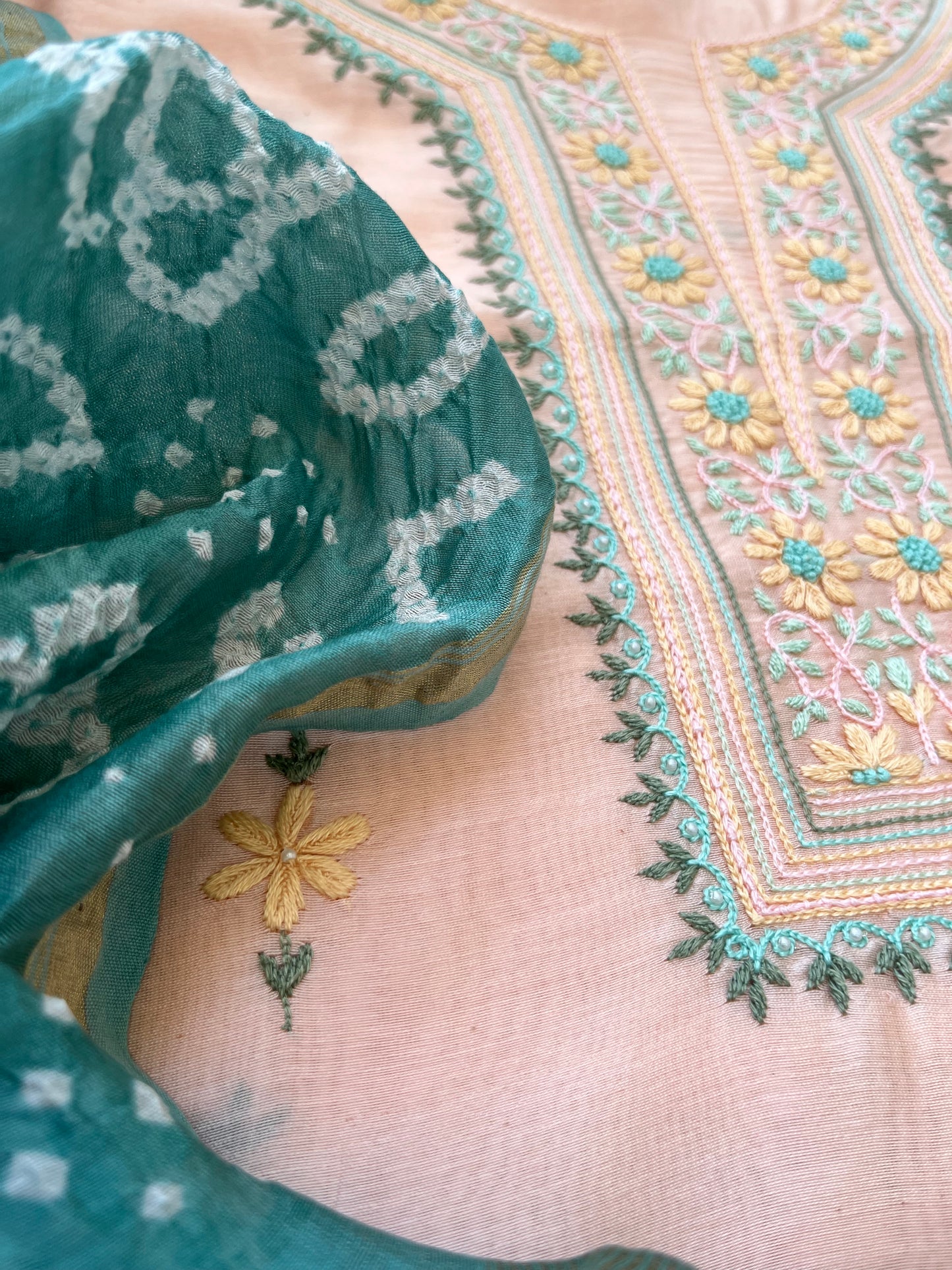 Hand embroidered chanderi kurta bandhani dupatta