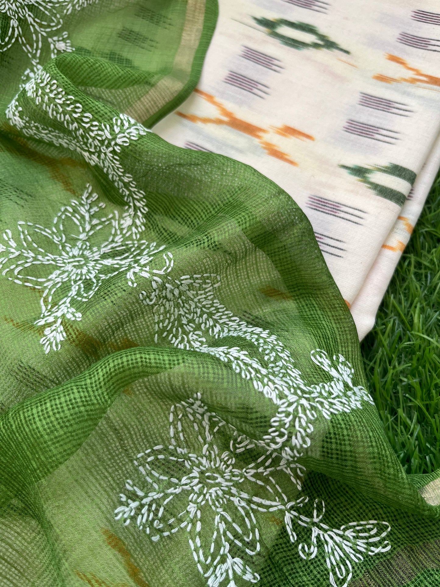 Kota silk Chikankari Dupatta with cotton ikkat kurta Fabric