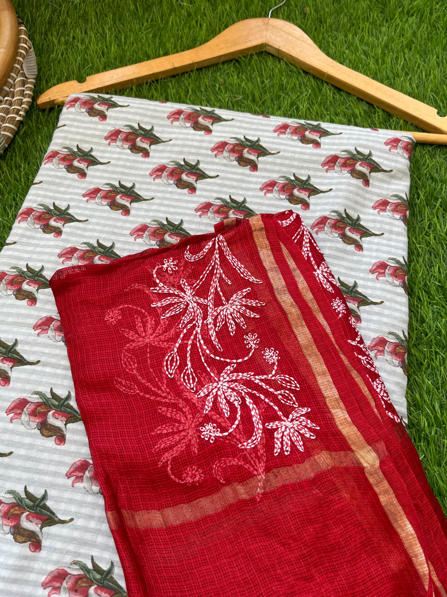 Chikankari kota silk Dupatta and block print kurta bottom Fabric