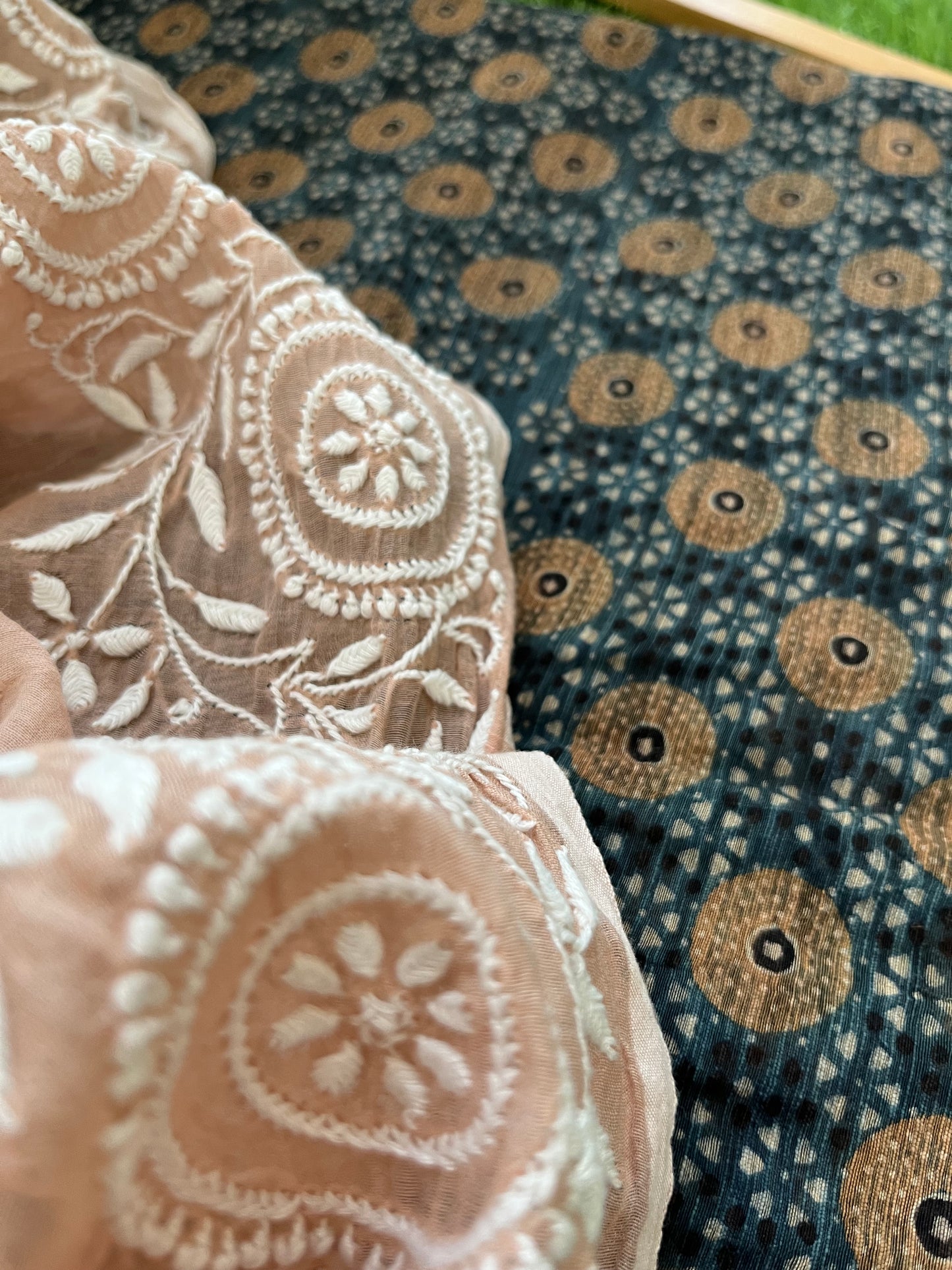 रोज़ाना :Chanderi Chikankari Dupatta with chanderi ajrakh print kurta Fabric
