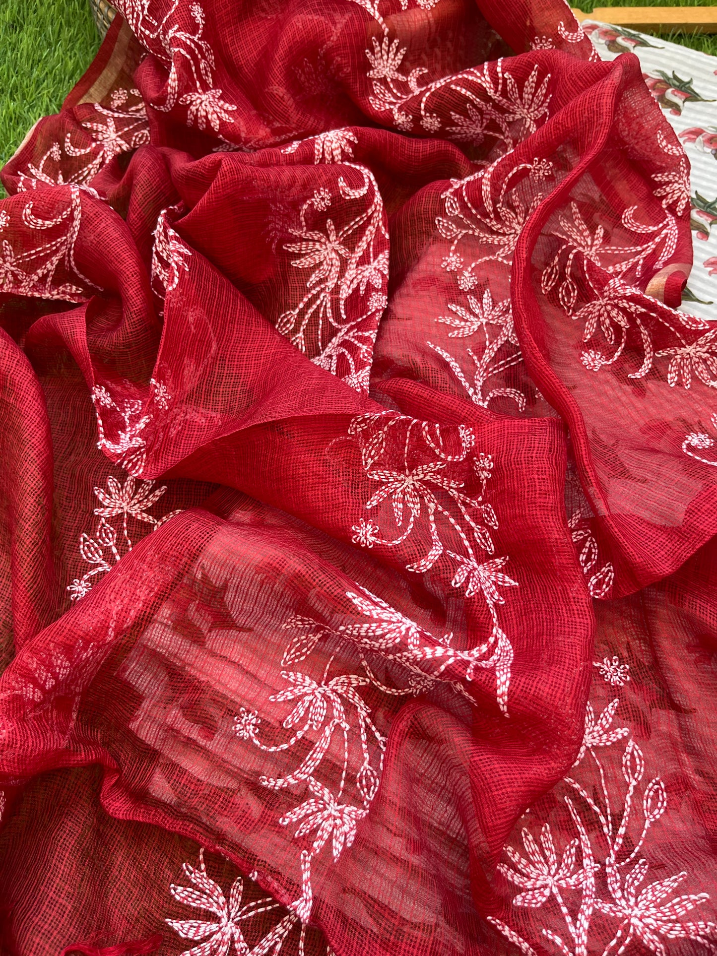 Chikankari kota silk Dupatta and block print kurta bottom Fabric