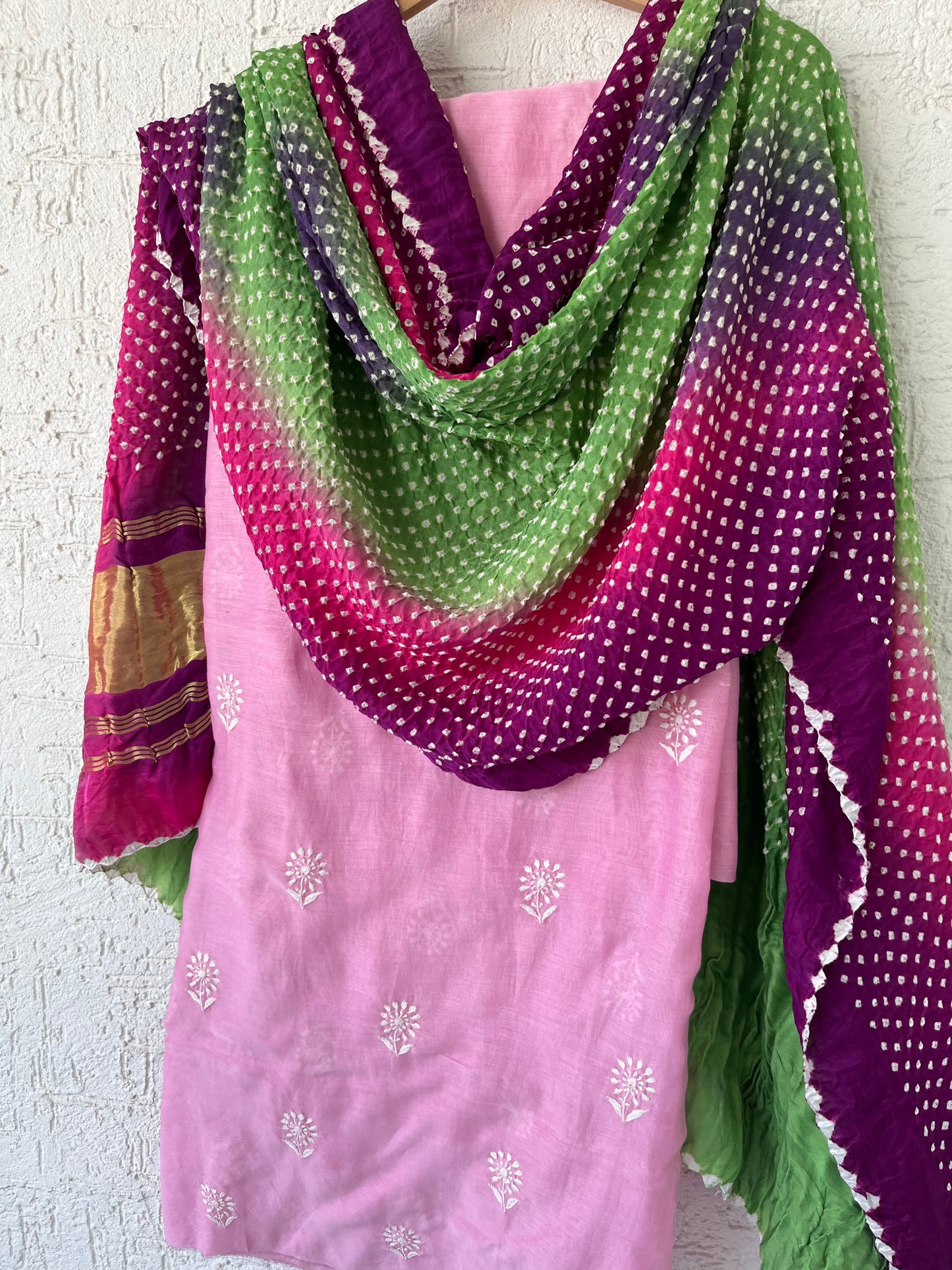 Chanderi Silk chikan kurta bandhani Dupatta