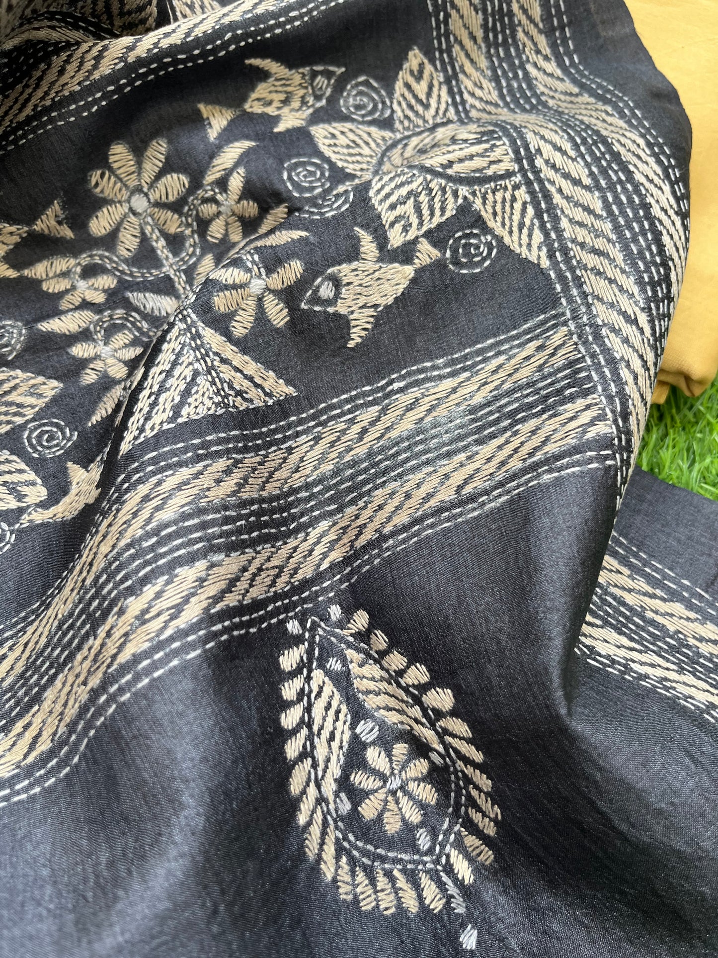 Silk Kantha Dupatta with chanderi silk kurta Bottom fabric