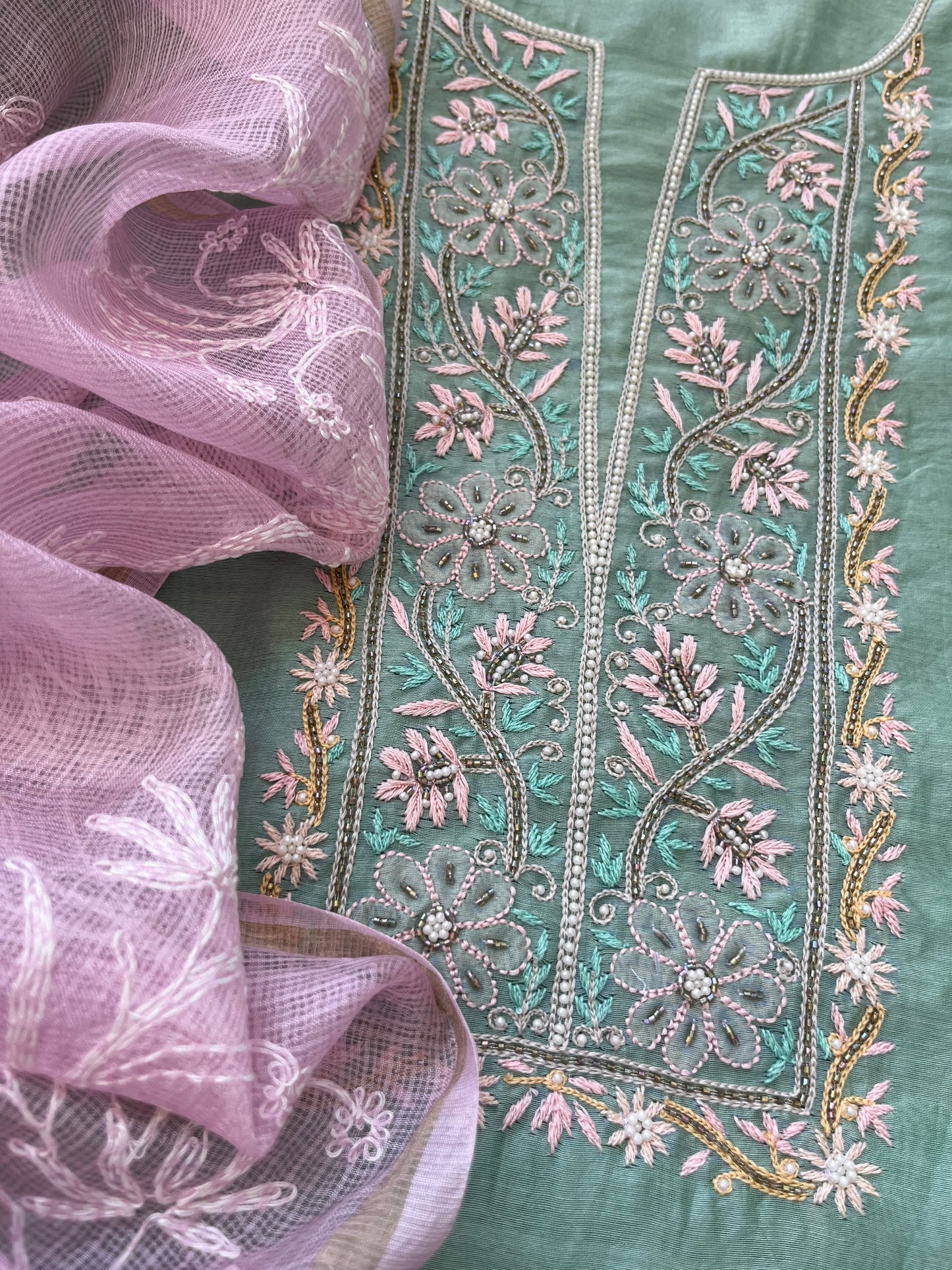 Hand embroidered chanderi kurta kota silk chikan work dupatta