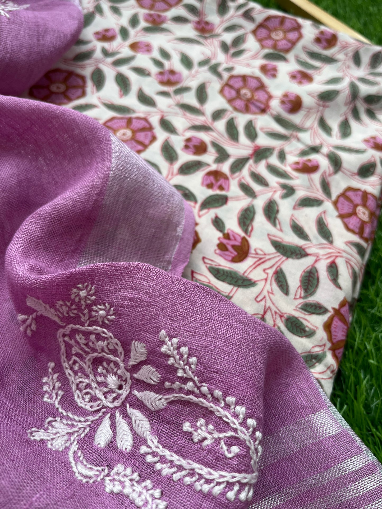 Cotton print kurta bottom fabric linen chikan work dupatta