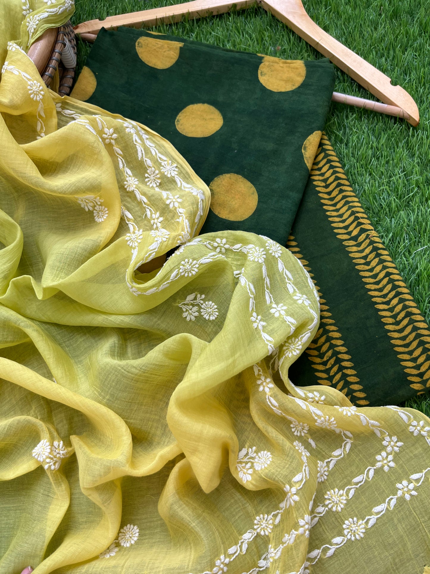 Chanderi Chikankari Dupatta with print kurta bottom Fabric