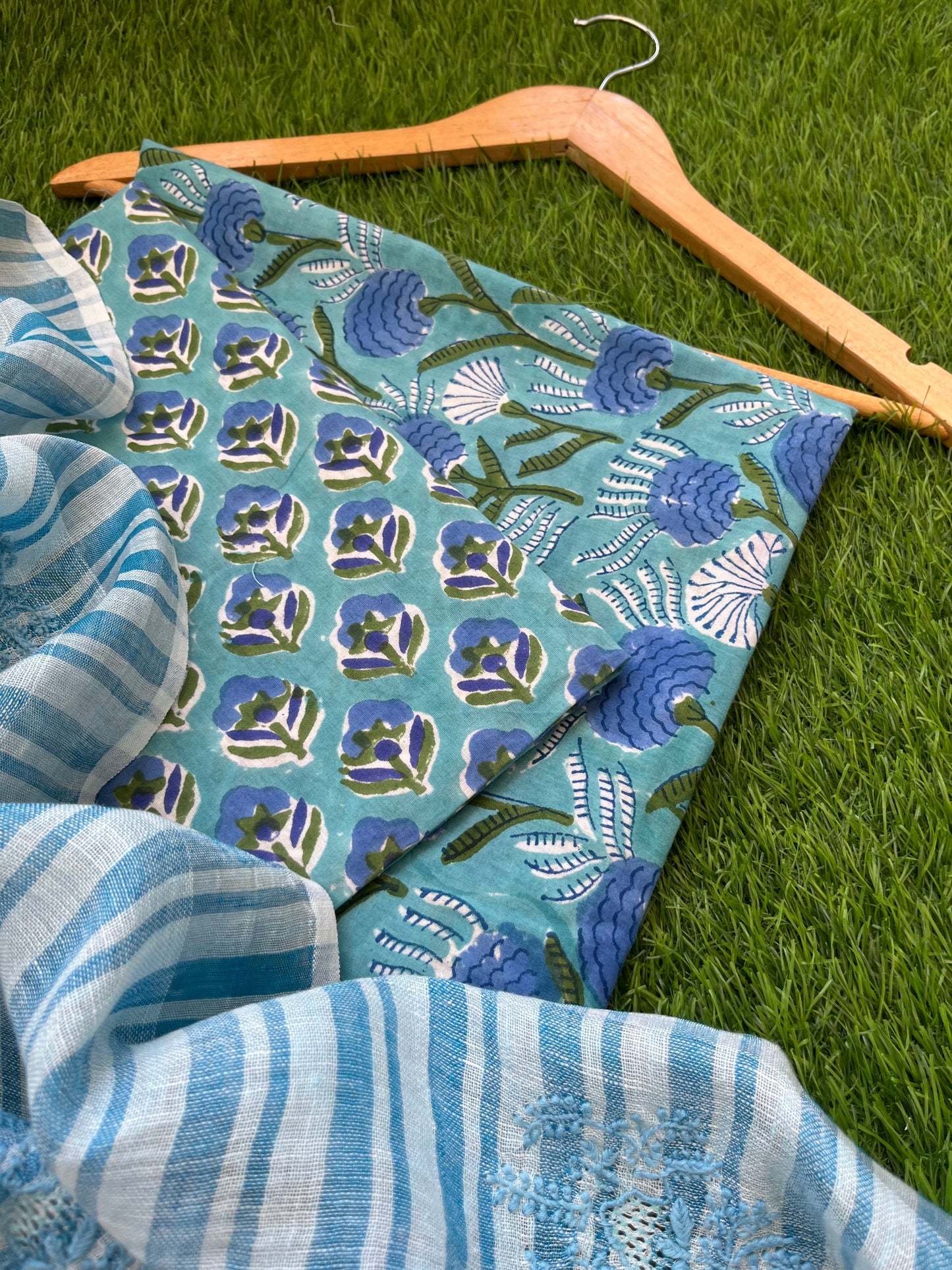 Cotton block print kurta bottom fabric chikan work dupatta