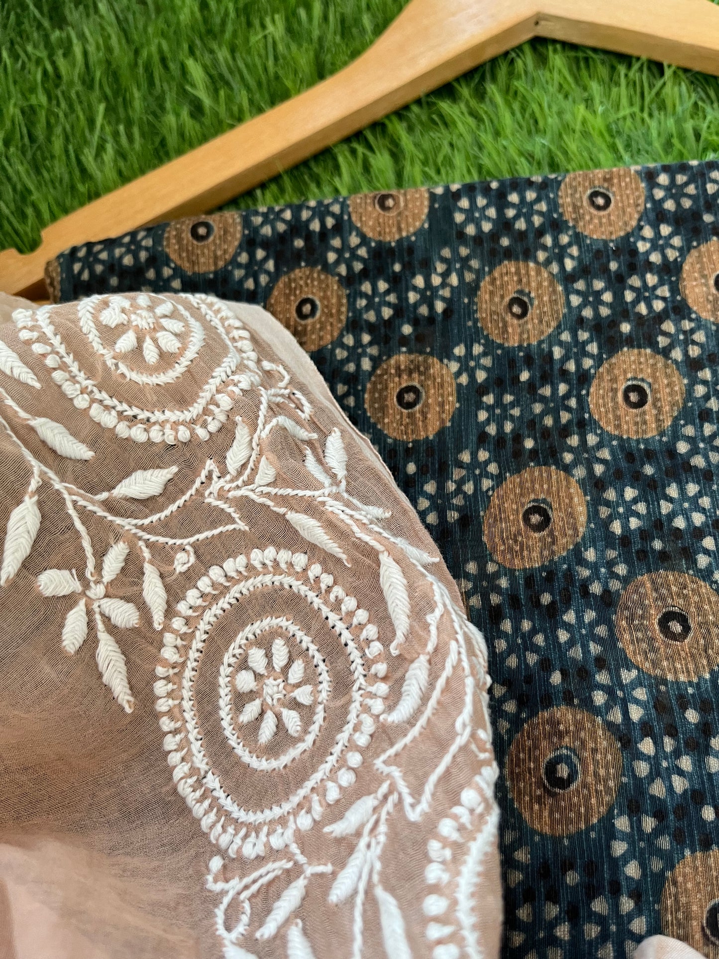 रोज़ाना :Chanderi Chikankari Dupatta with chanderi ajrakh print kurta Fabric