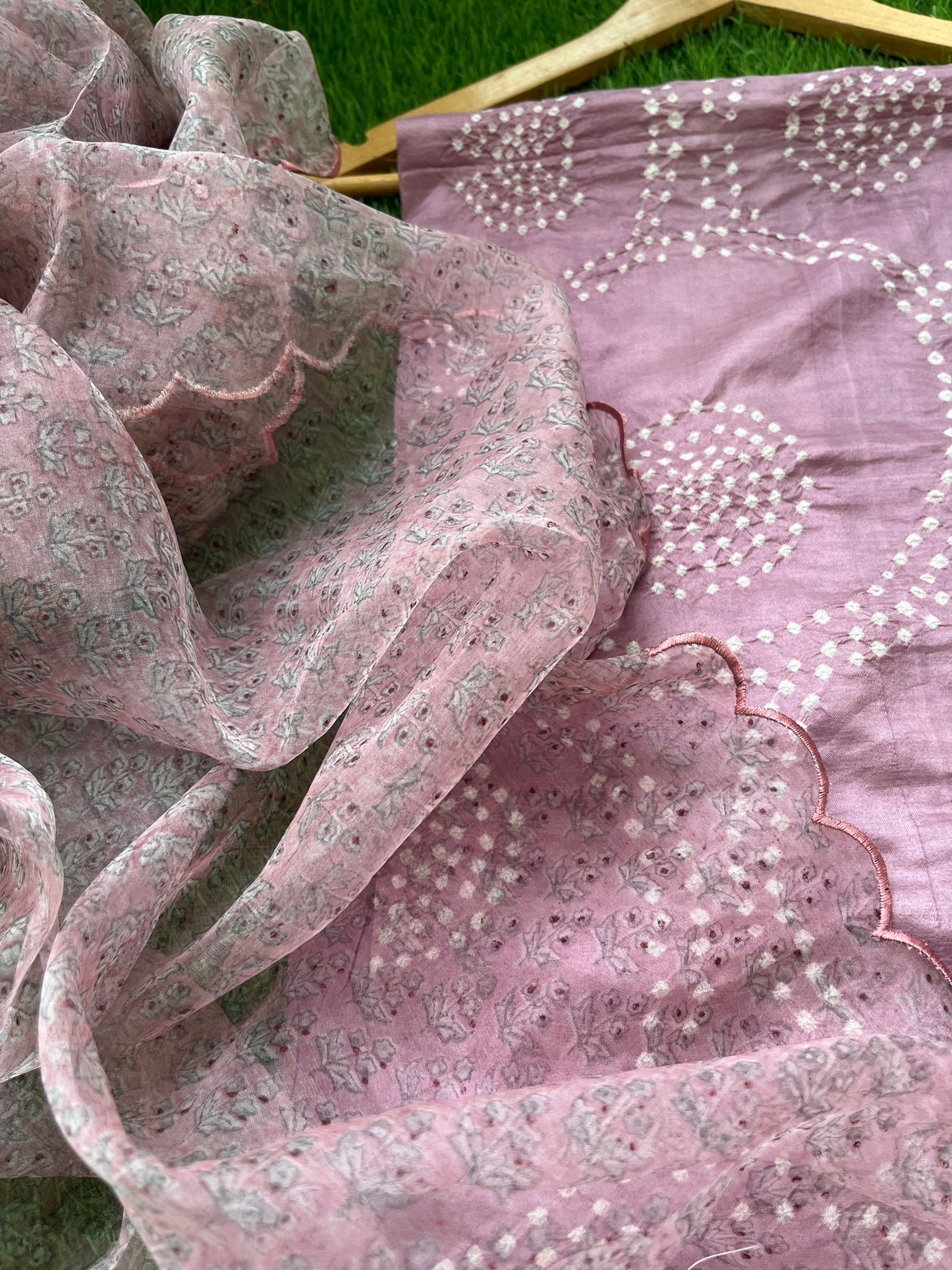 Mulberry Silk bandhani kurta organza block print dupatta