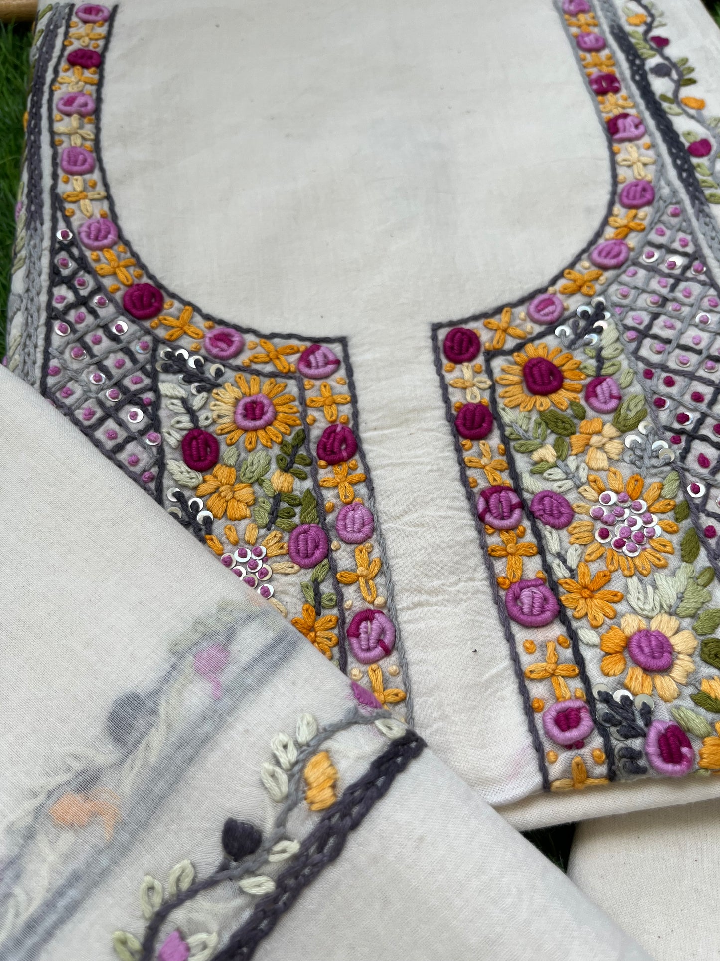 Handwoven Cotton knot work embroidered kurta dupatta and plain bottom fabric