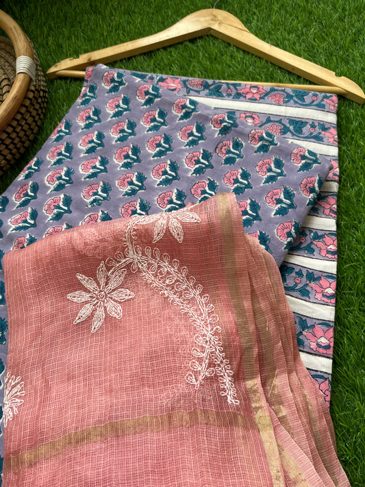 Kota silk Chikankari Dupatta with cotton kurta bottom Fabric