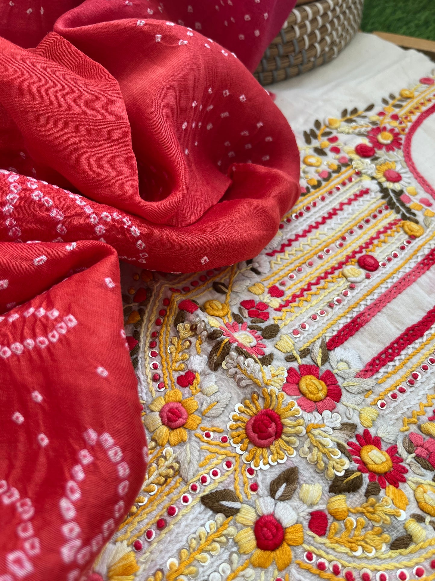 Handwoven Cotton knot work embroidered kurta bandhani dupatta and plain bottom fabric