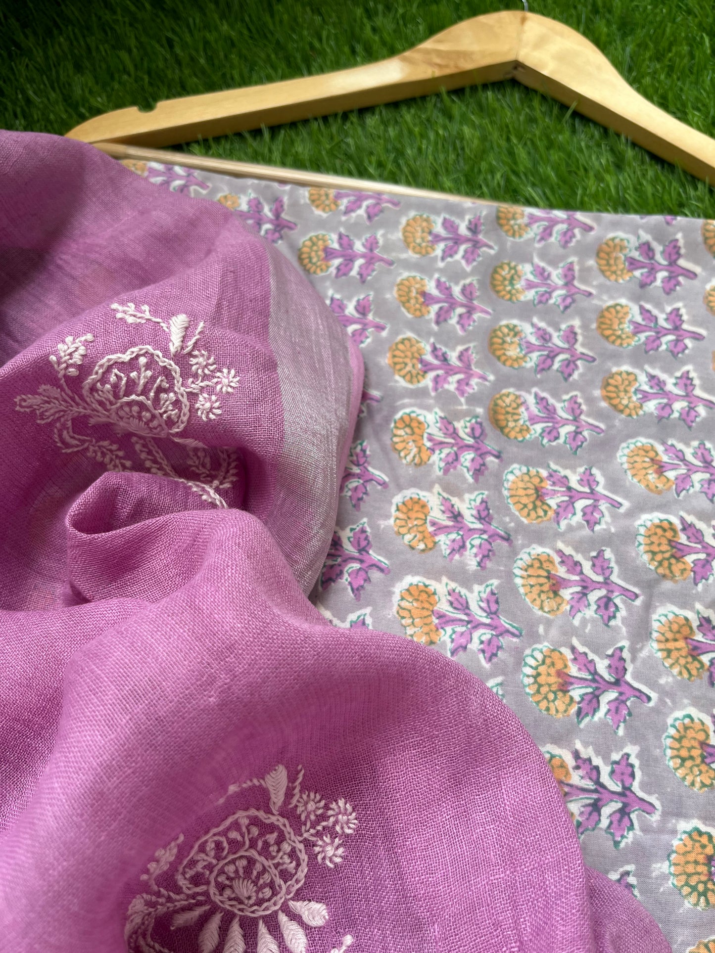 Cotton print kurta bottom fabric linen chikan work dupatta