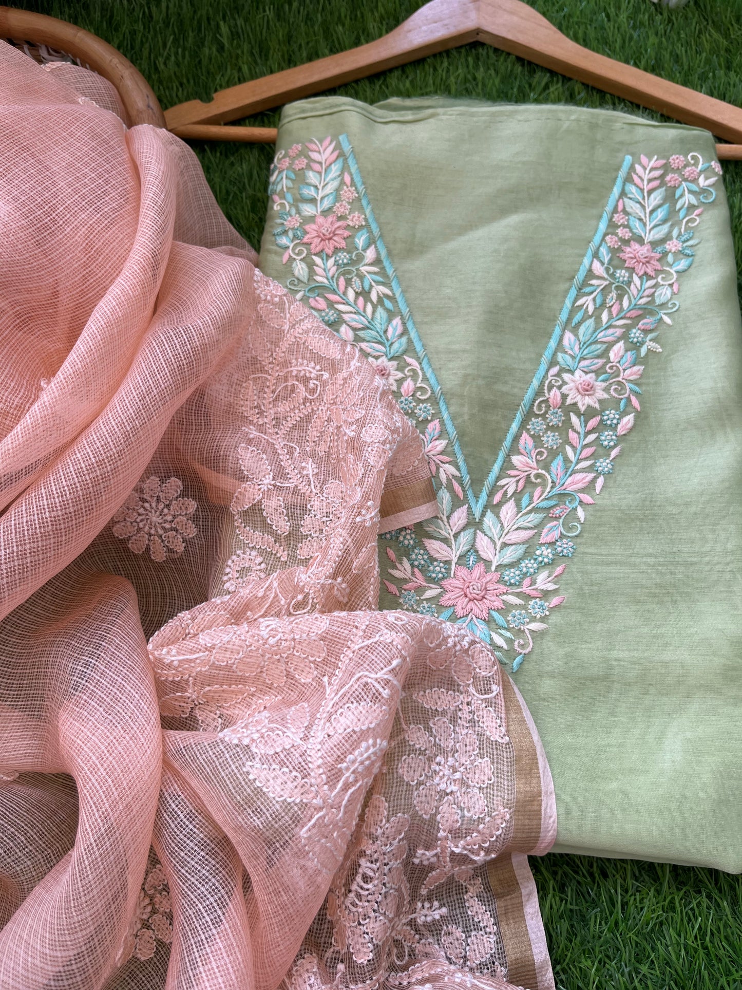 Hand embroidered chanderi kurta kota silk chikan work dupatta