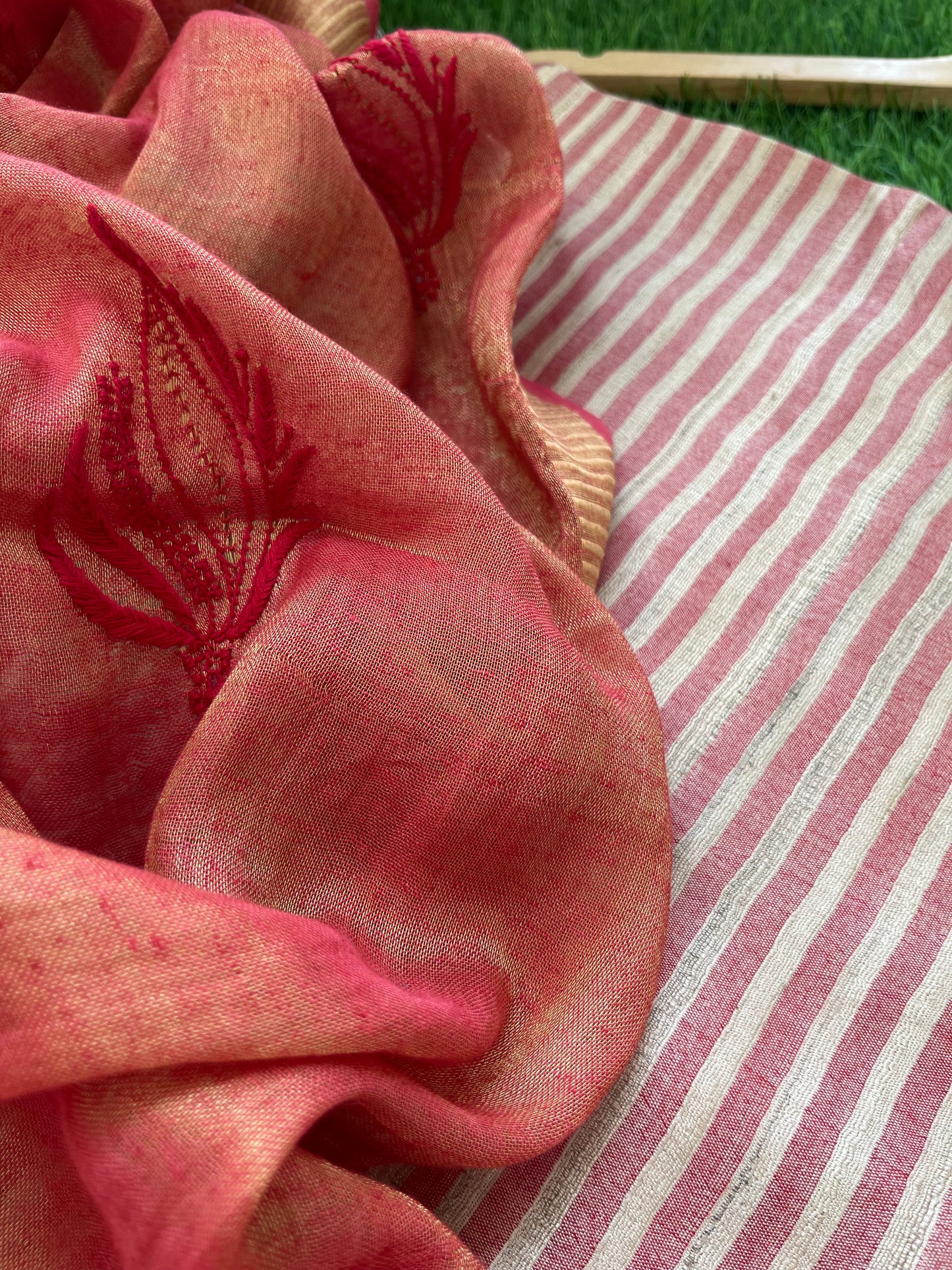 Striped silk kurta bottom fabric linen tissue chikan work dupatta