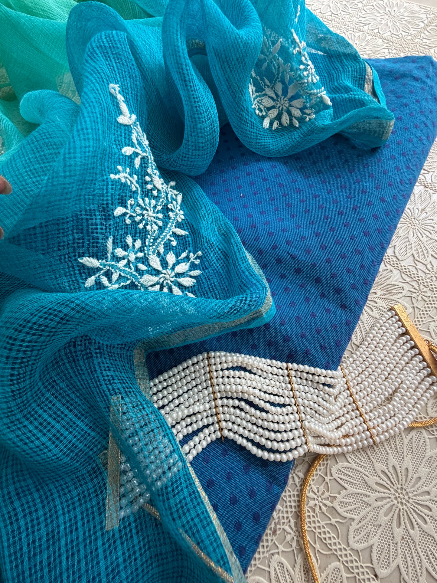 Mangalgiri kurta bottom Kota Doria chikankari dupatta
