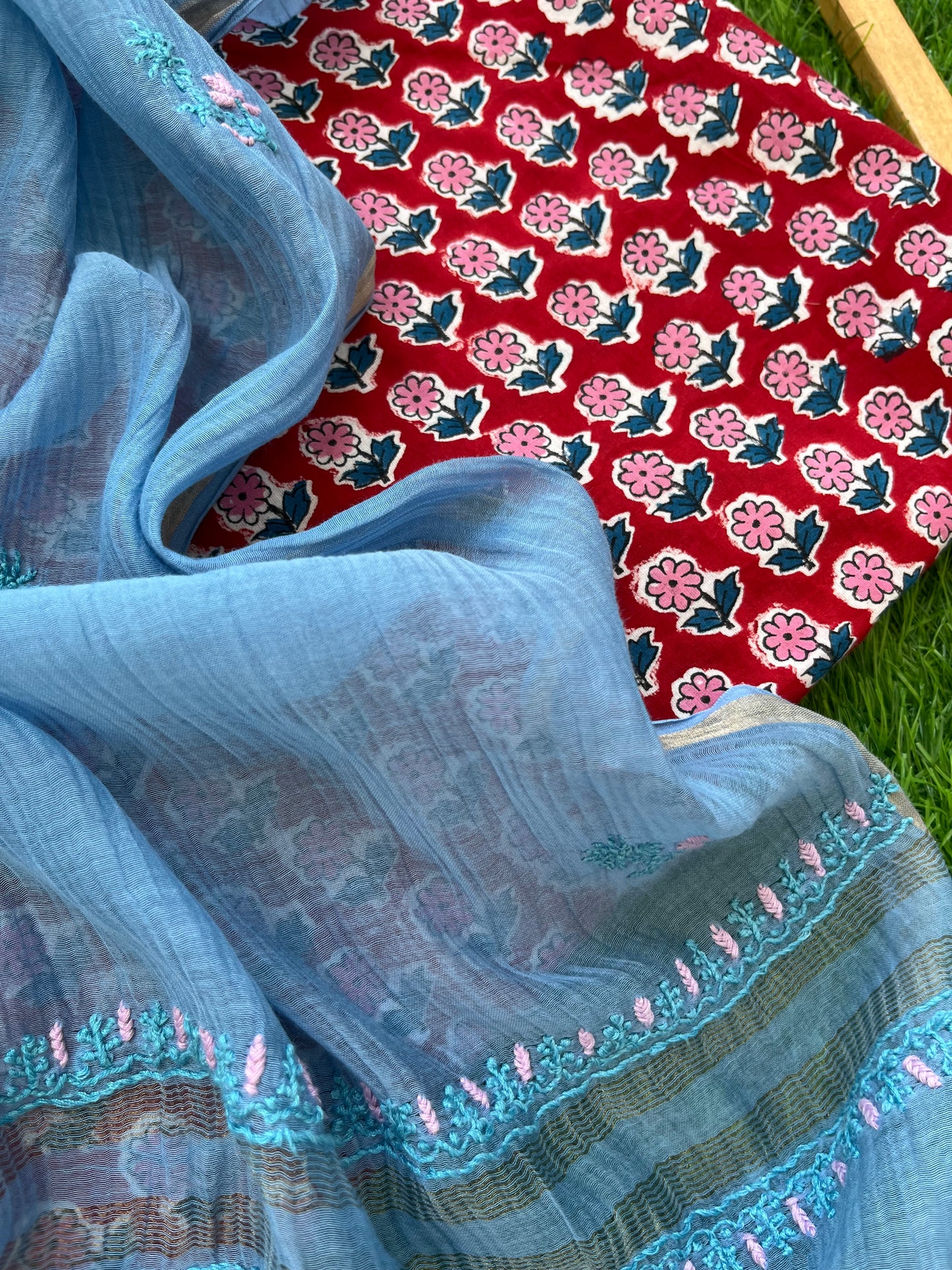 रोज़ाना :Chanderi Chikankari Dupatta with cotton block print kurta bottom Fabric