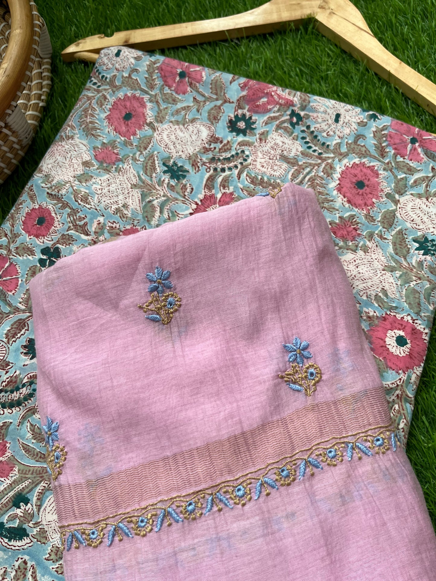Chanderi Chikankari Dupatta with print kurta bottom Fabric
