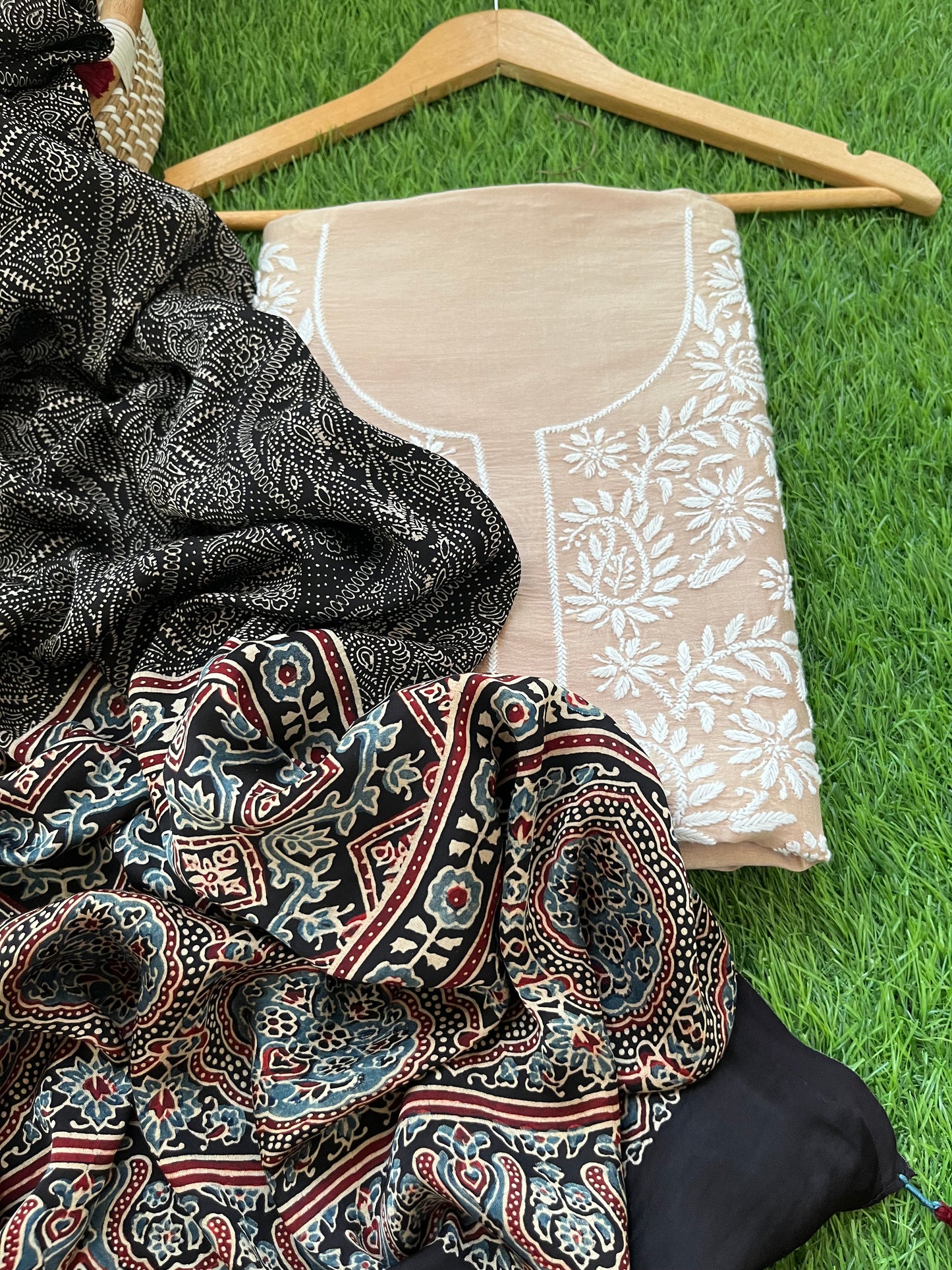 Chanderi Chikankari Kurta ajrakh Dupatta
