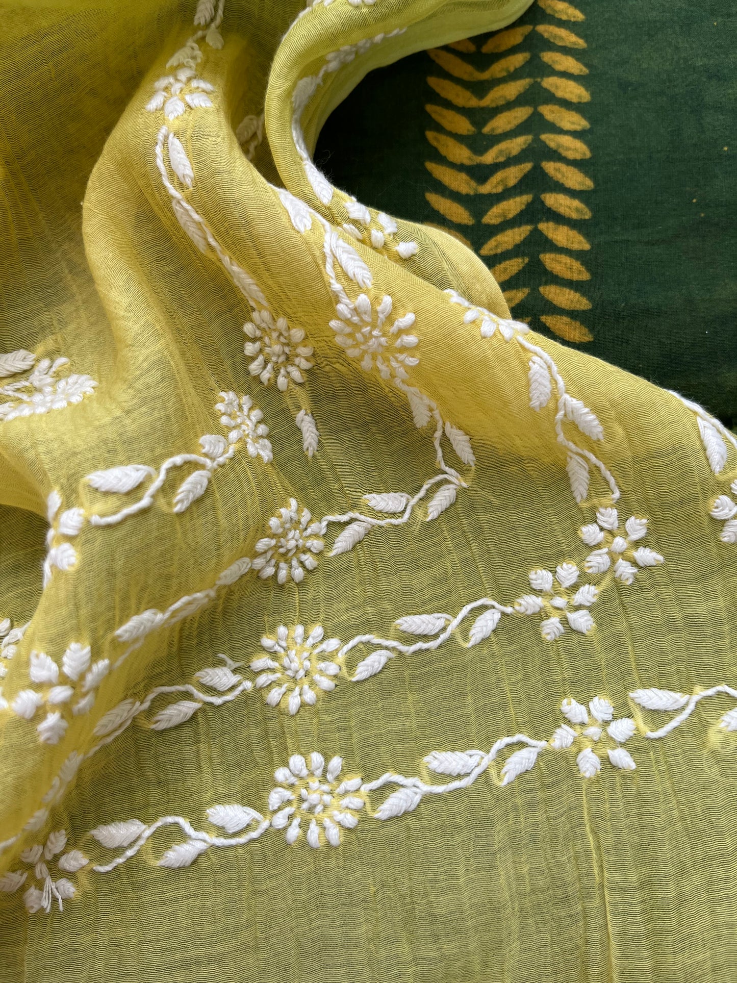 Chanderi Chikankari Dupatta with print kurta bottom Fabric