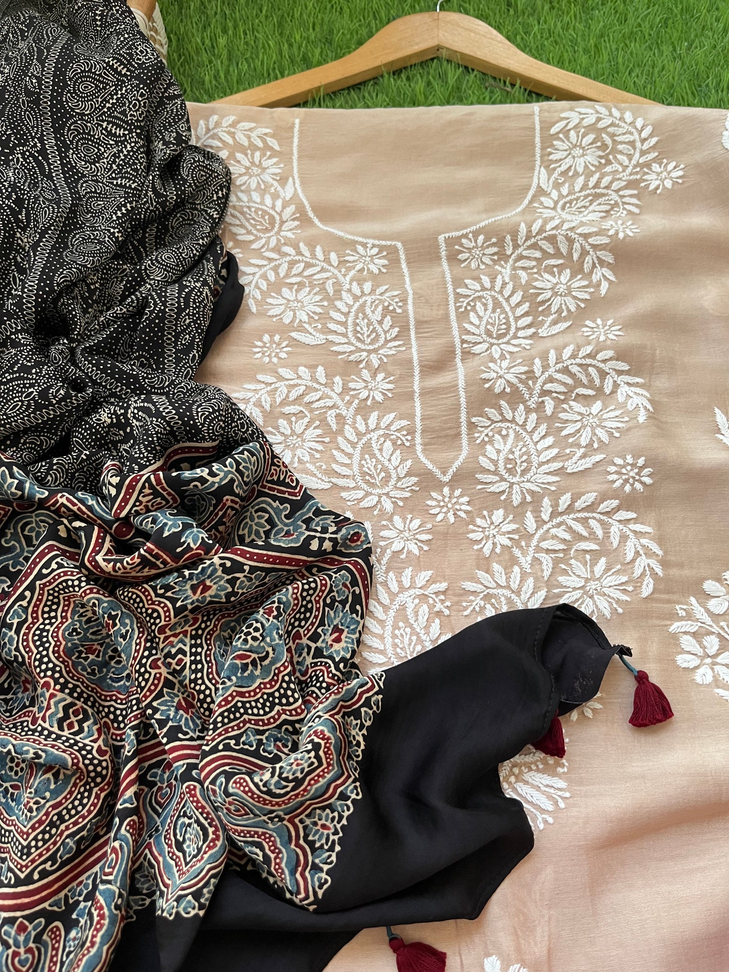 Chanderi Chikankari Kurta ajrakh Dupatta