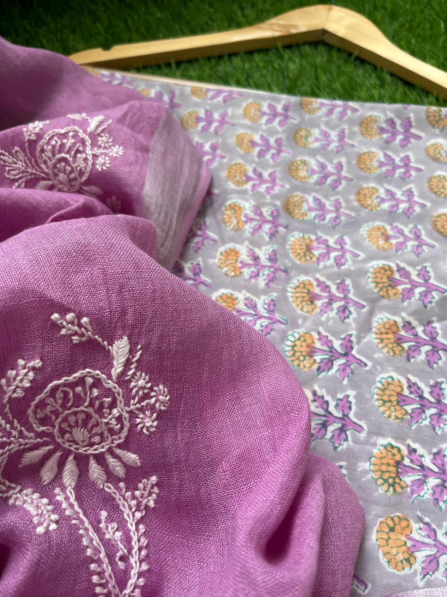 Cotton print kurta bottom fabric linen chikan work dupatta